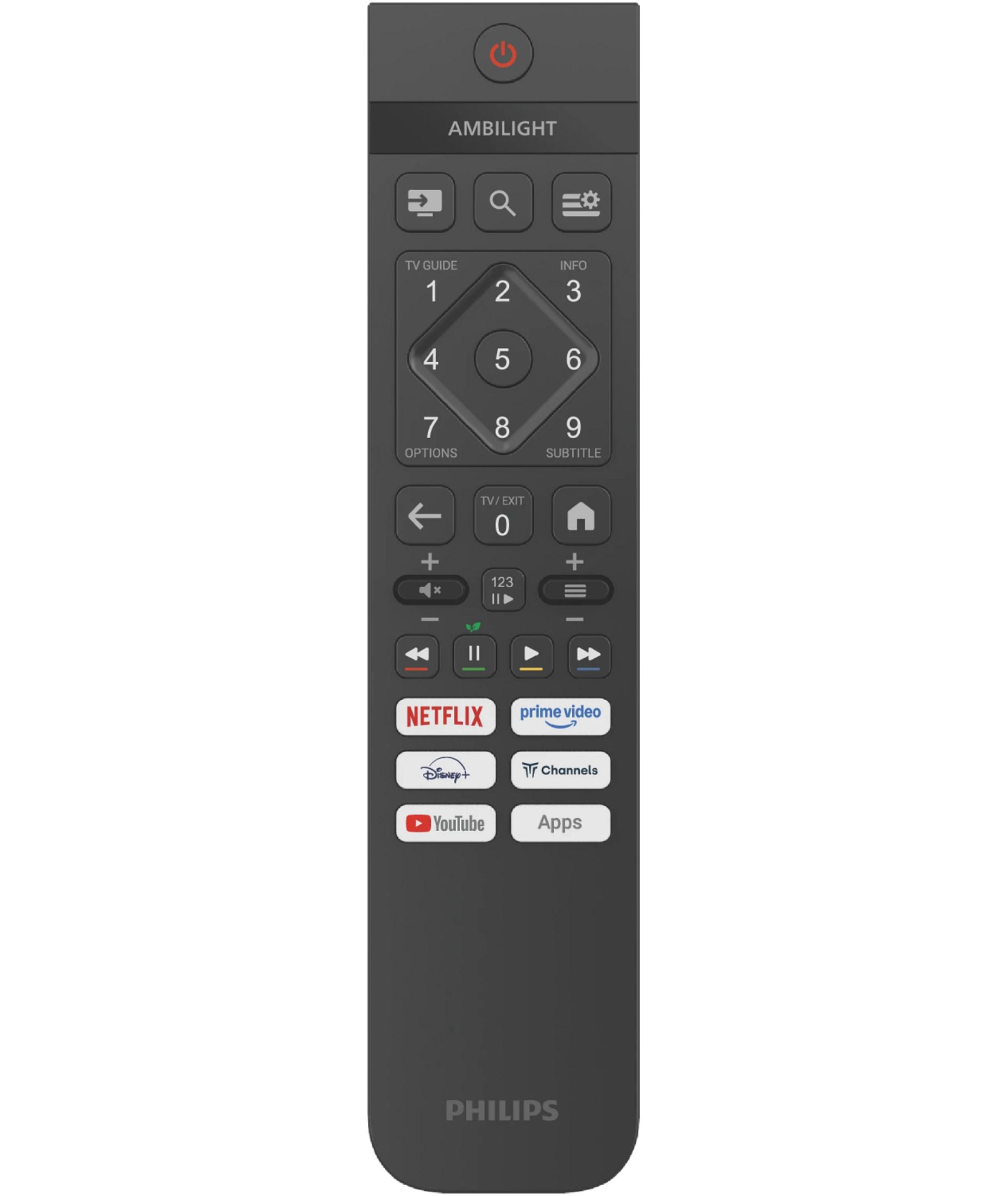 Eine dunkle Fernbedienung mit Ambilight-Beschriftung, Nummernblock, Streaming-App-Symbolen und Philips-Logo.