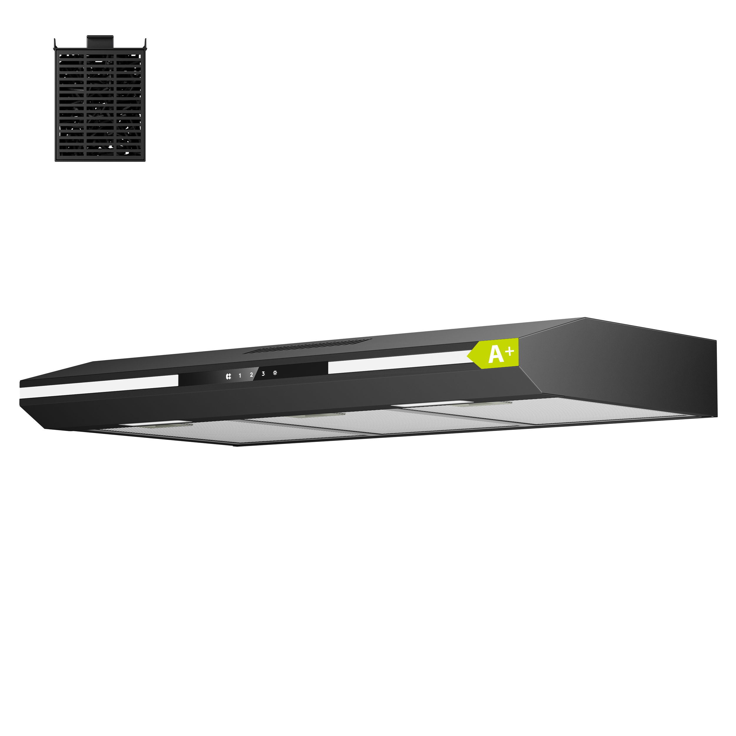 Schwarze Dunstabzugshaube mit LED-Streifen und A+-Energieeffizienzlabel.