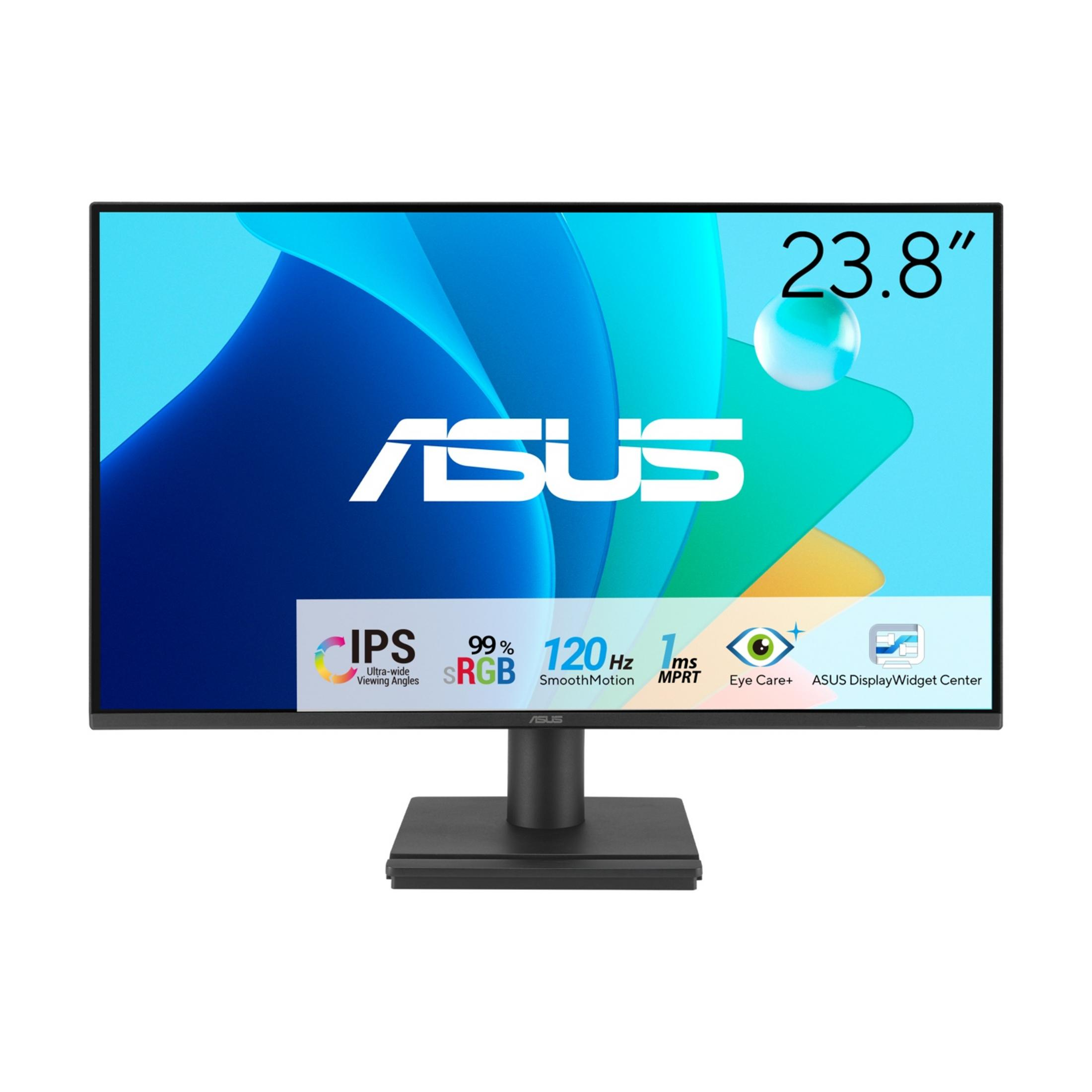 Mavi arka planı ve şirket logosu olan 23,8 inçlik bir ASUS monitör.