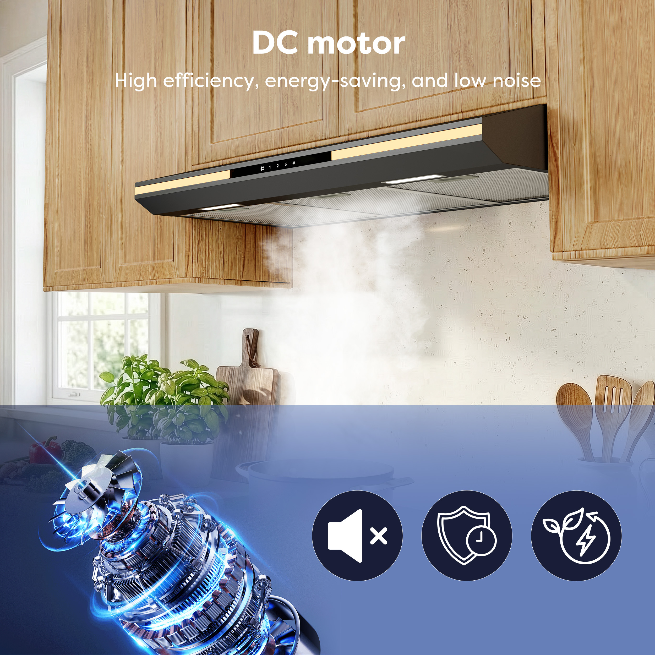 Abzugshaube mit DC-Motor, Symbolen für Lautlosigkeit, Schutz und Energieeinsparung.
