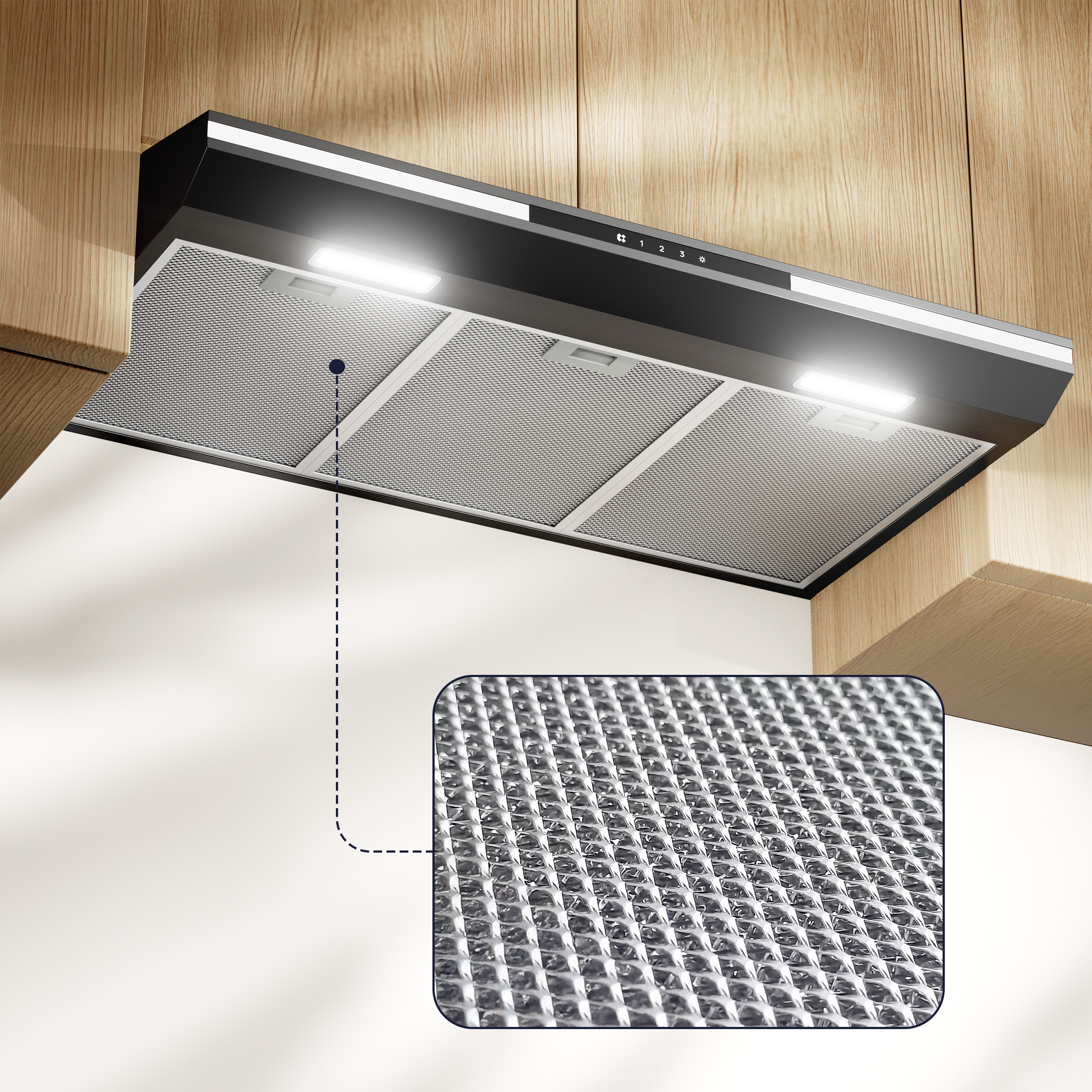Eine Dunstabzugshaube mit Metallfilter und Lichtern über Holzschränken.