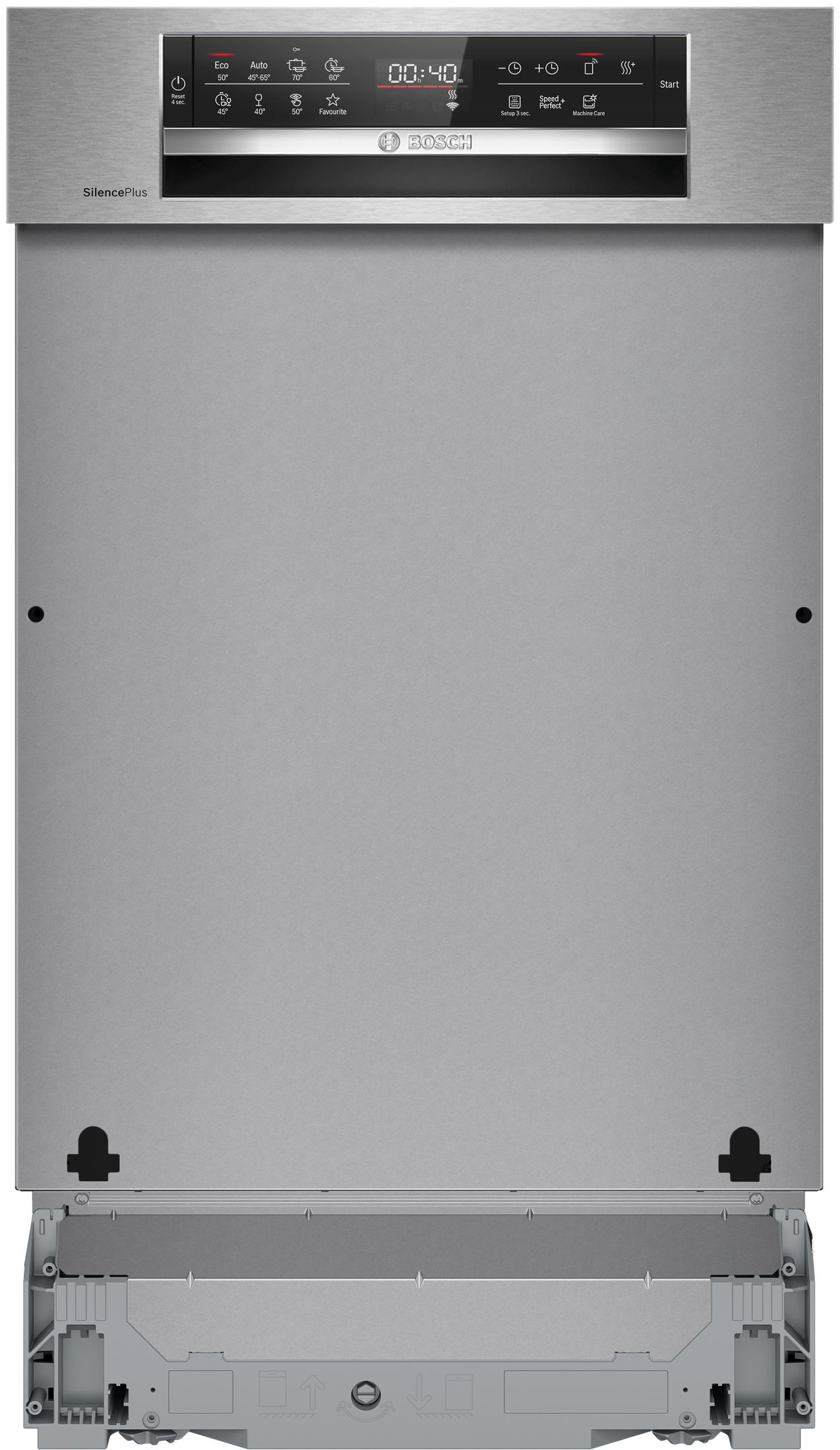 Lavastoviglie in acciaio inox con display digitale, selezione programmi e logo Bosch.
