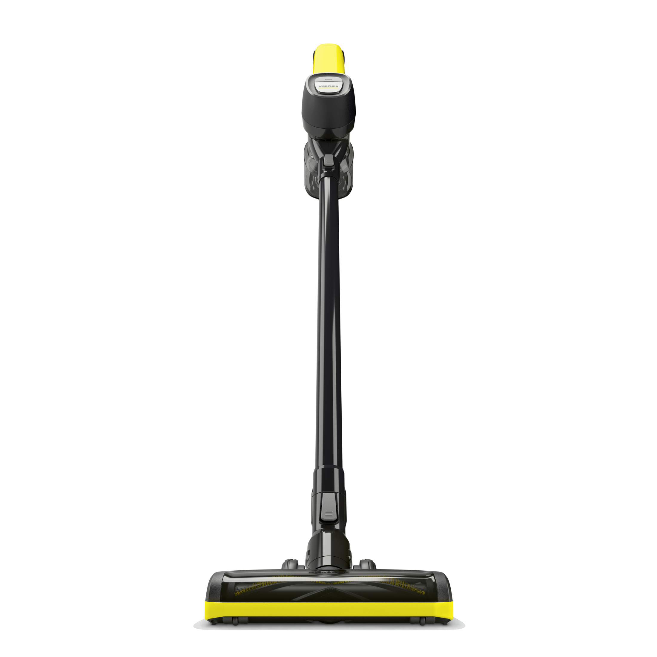 Un aspirapolvere senza fili nero e giallo con spazzola in primo piano.
