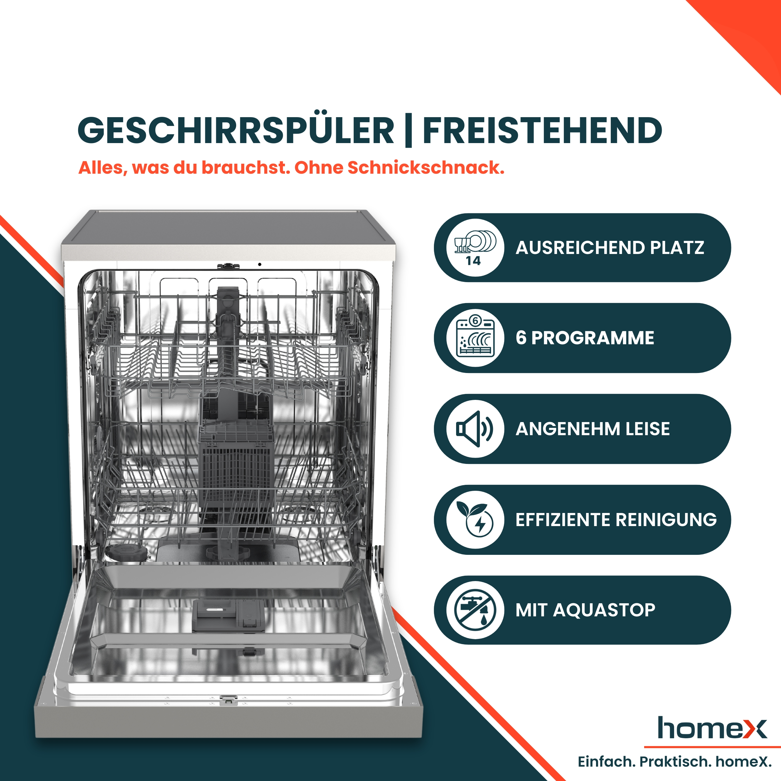 Ein freistehender Geschirrspüler mit viel Platz und 6 Programmen.