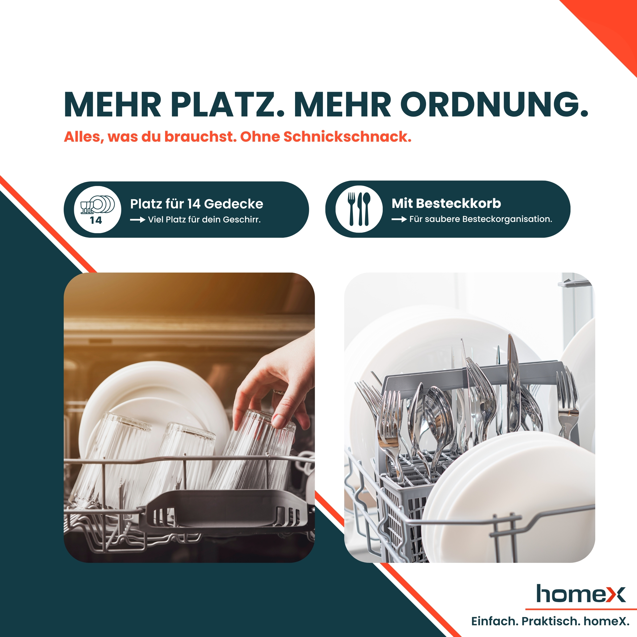 Geschirr in einem Geschirrspüler, mit Besteckkorb und Platz für 14 Gedecke.