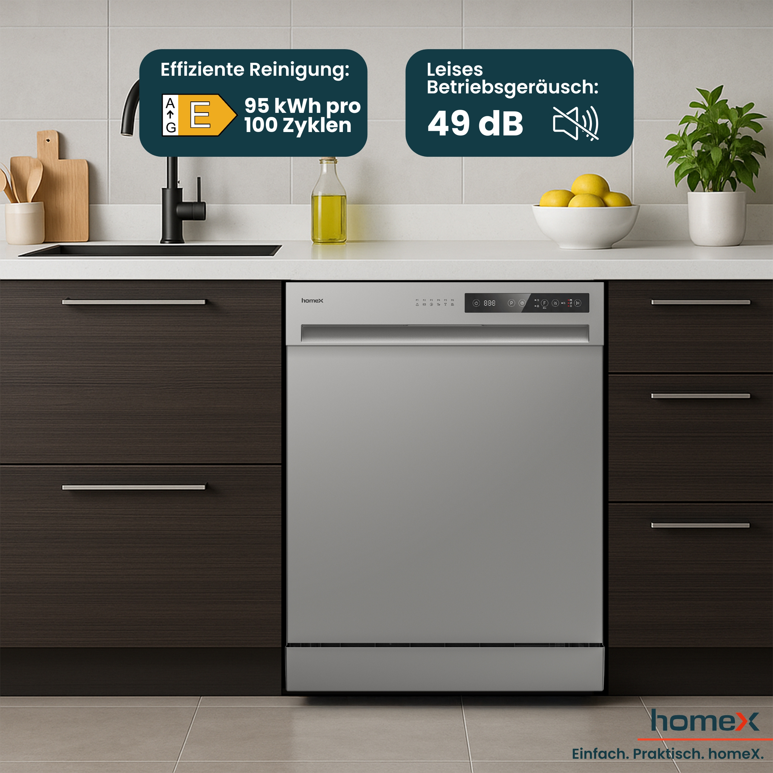 Moderner Geschirrspüler in Silber mit Energieeffizienz-Label E und leisem Betriebsgeräusch von 49 dB.