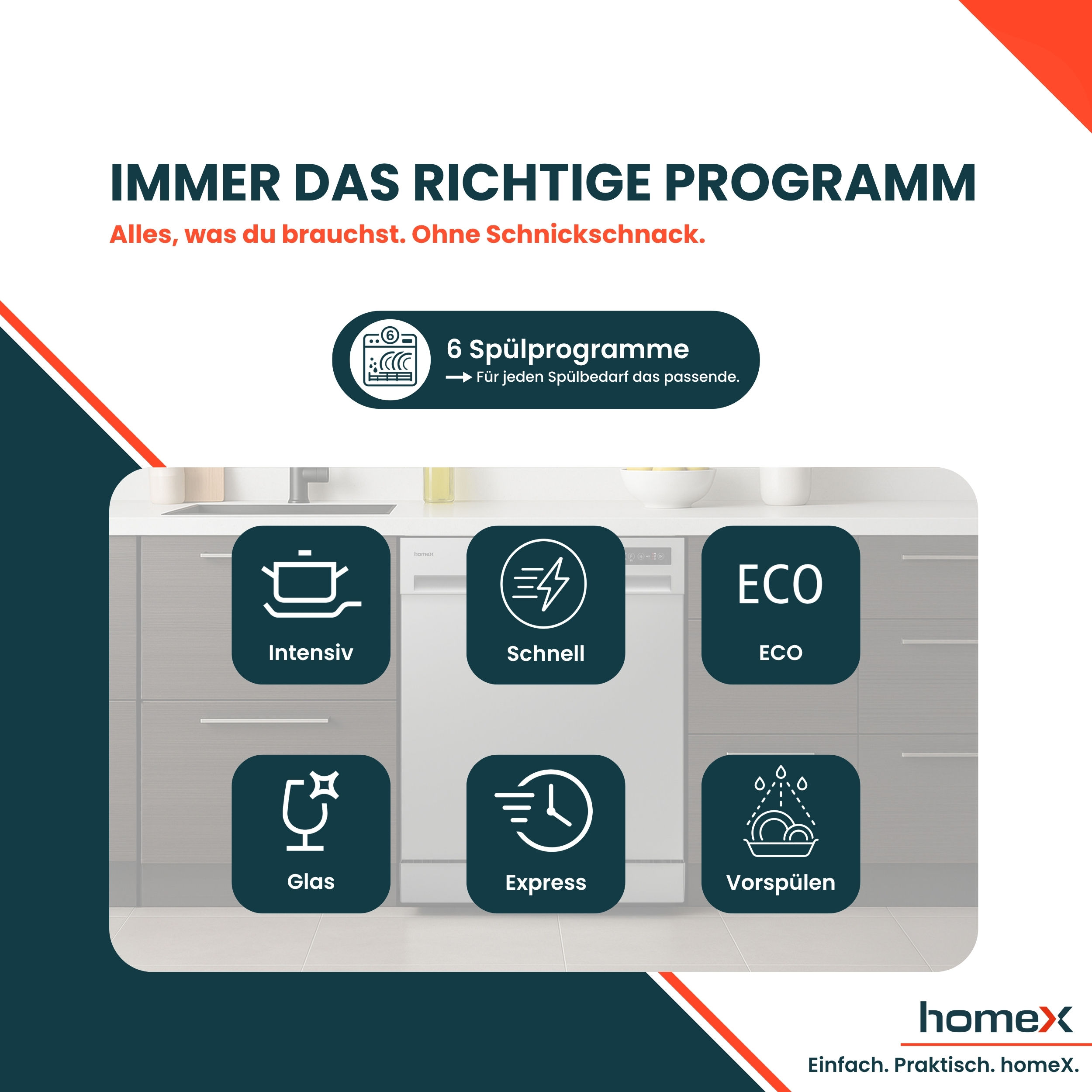 Geschirrspüler mit 6 Programmen: Intensiv, Schnell, ECO, Glas, Express, Vorspülen.