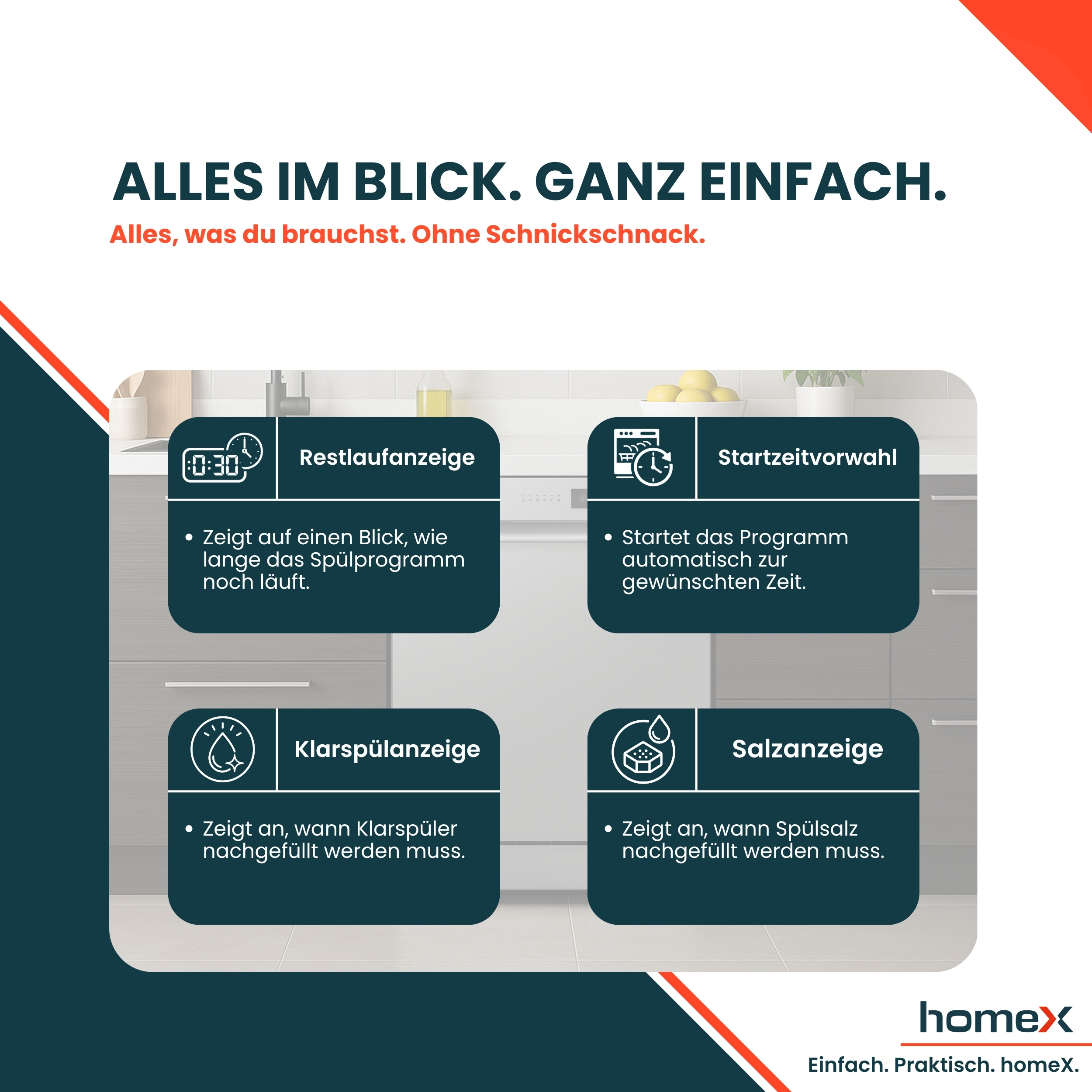 Anzeige von Restlaufzeit, Startzeit, Klarspüler und Salz für die Spülmaschine.