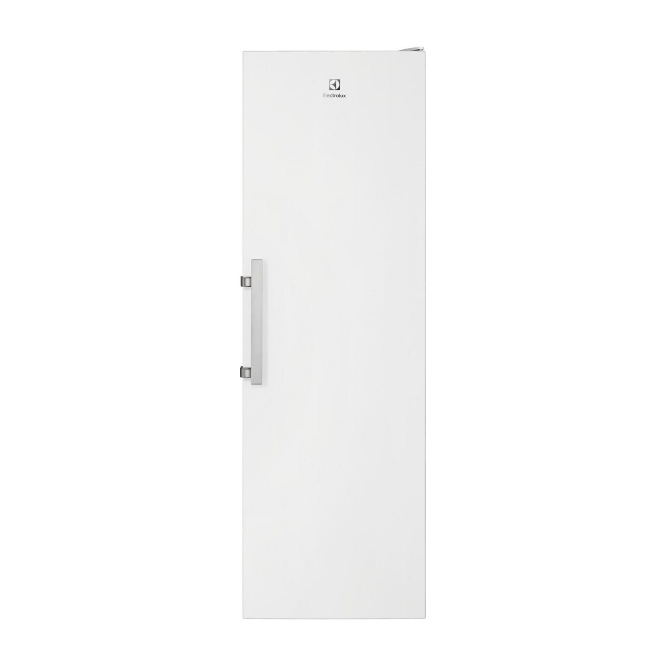 Biała lodówka z srebrnym uchwytem i logo Electrolux.