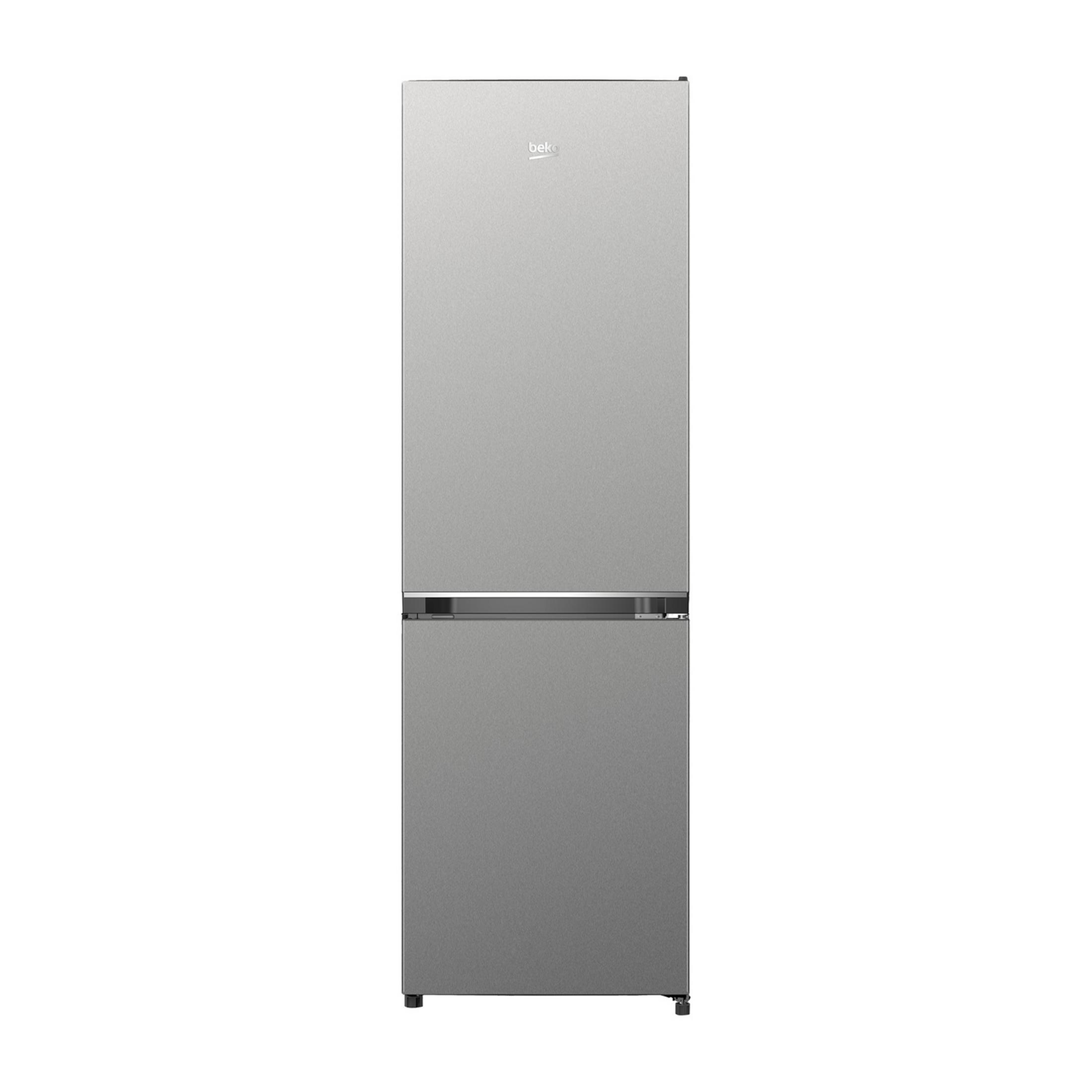 Ein schmaler, silberner Kühlschrank mit zwei Türen, oben und unten.
