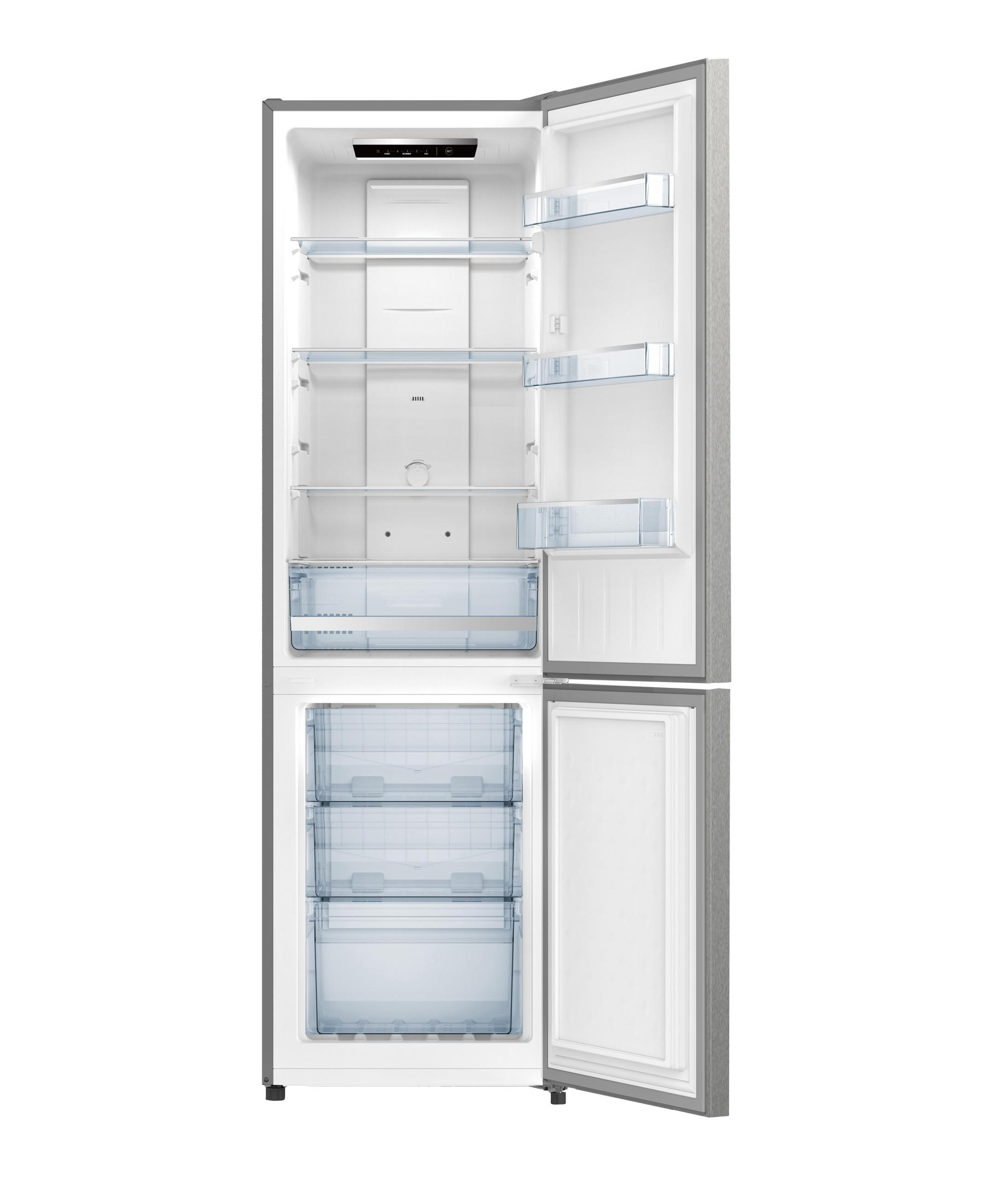 Ein offener, leerer Kühlschrank mit silbernem Äußeren und weißen Innenfächern.