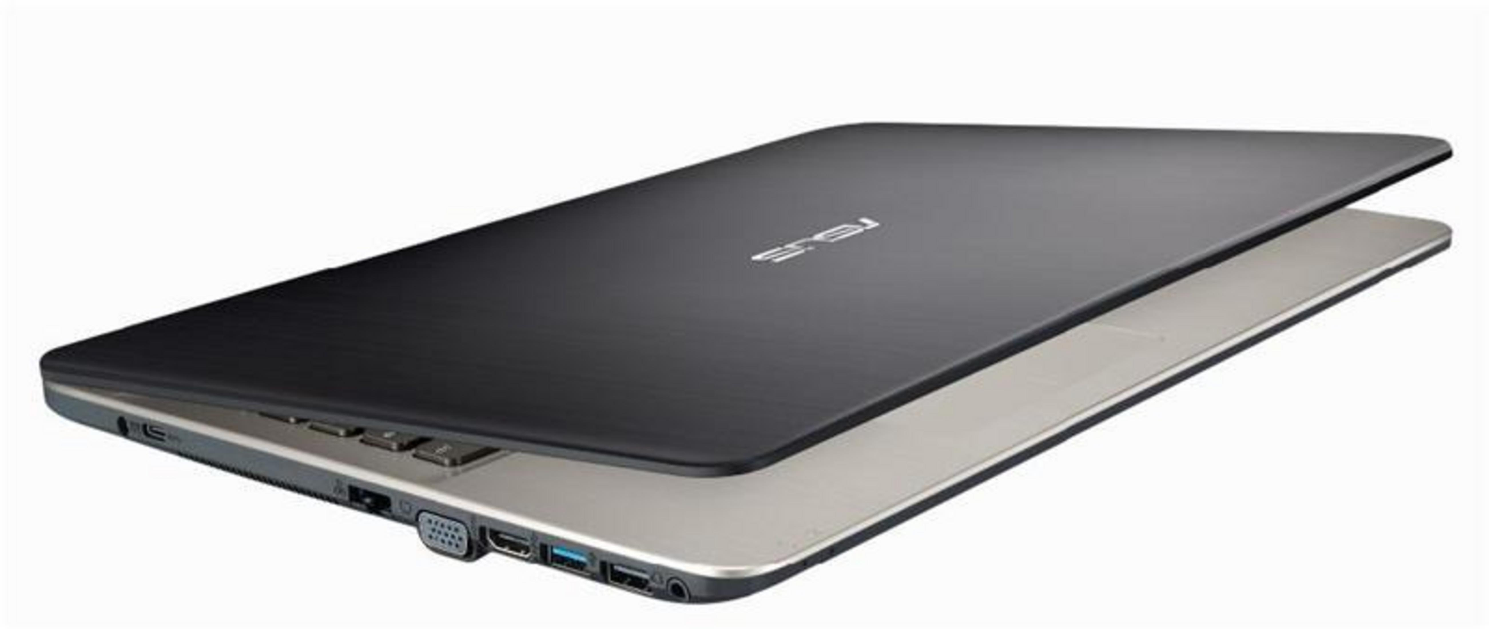 Un portátil Asus negro cerrado con base plateada, sobre fondo blanco.