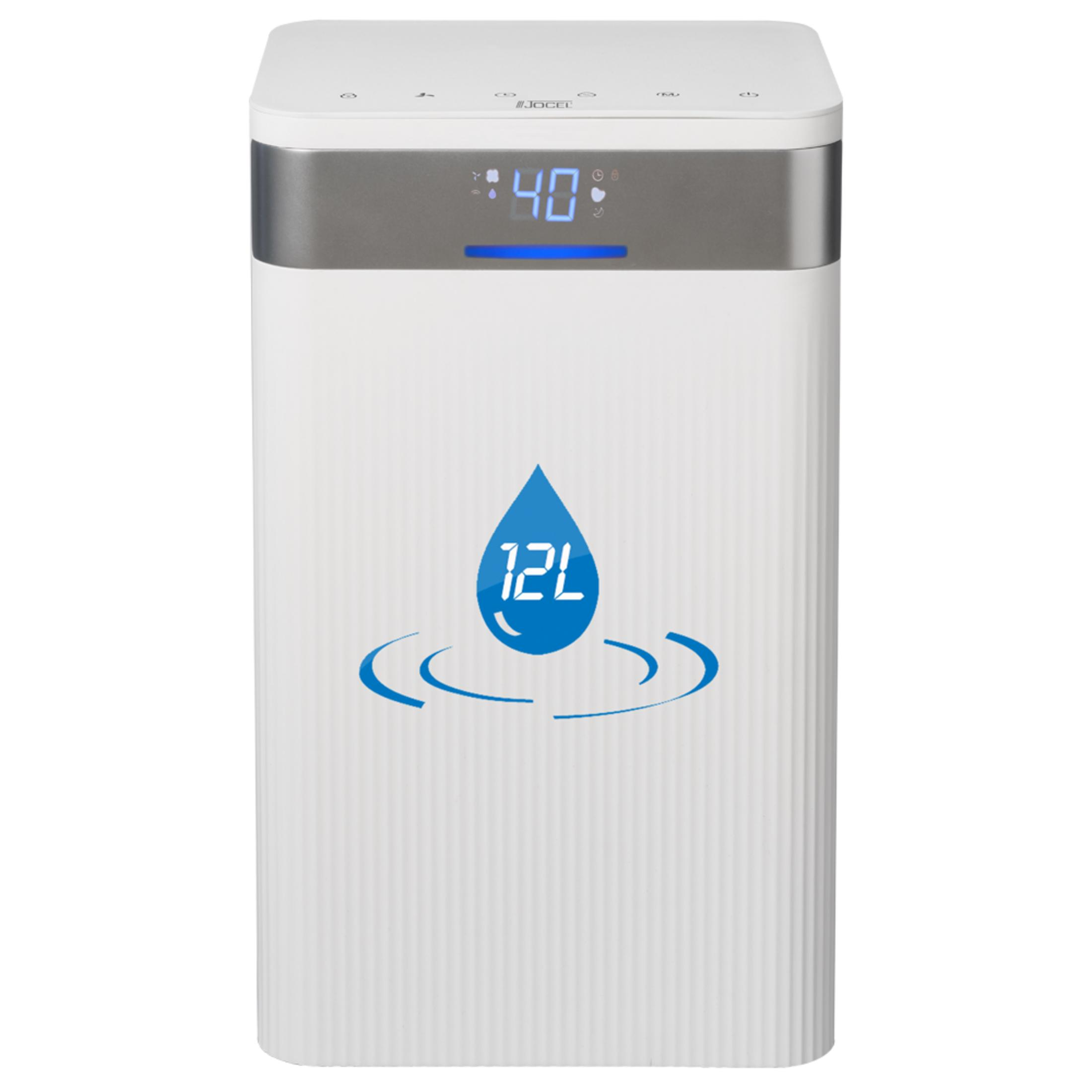 Un deshumidificador blanco con un icono de gota azul "12L" y pantalla digital.