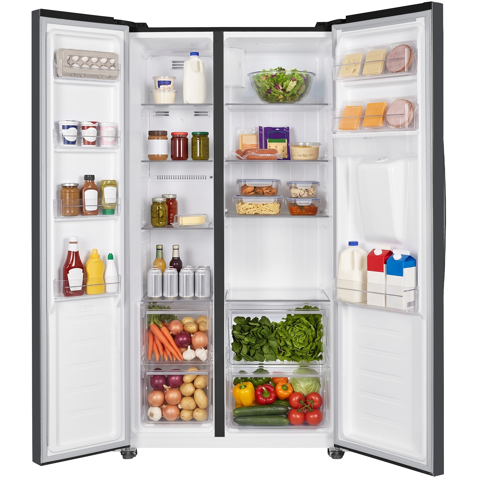Open refrigerator stocked with food: eggs, milk, salad, cheese, meats, vegetables.