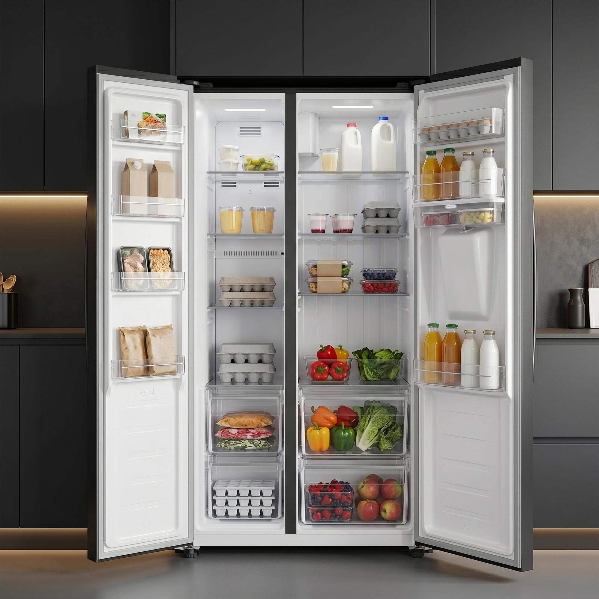 An open refrigerator with food items on shelves and in drawers.