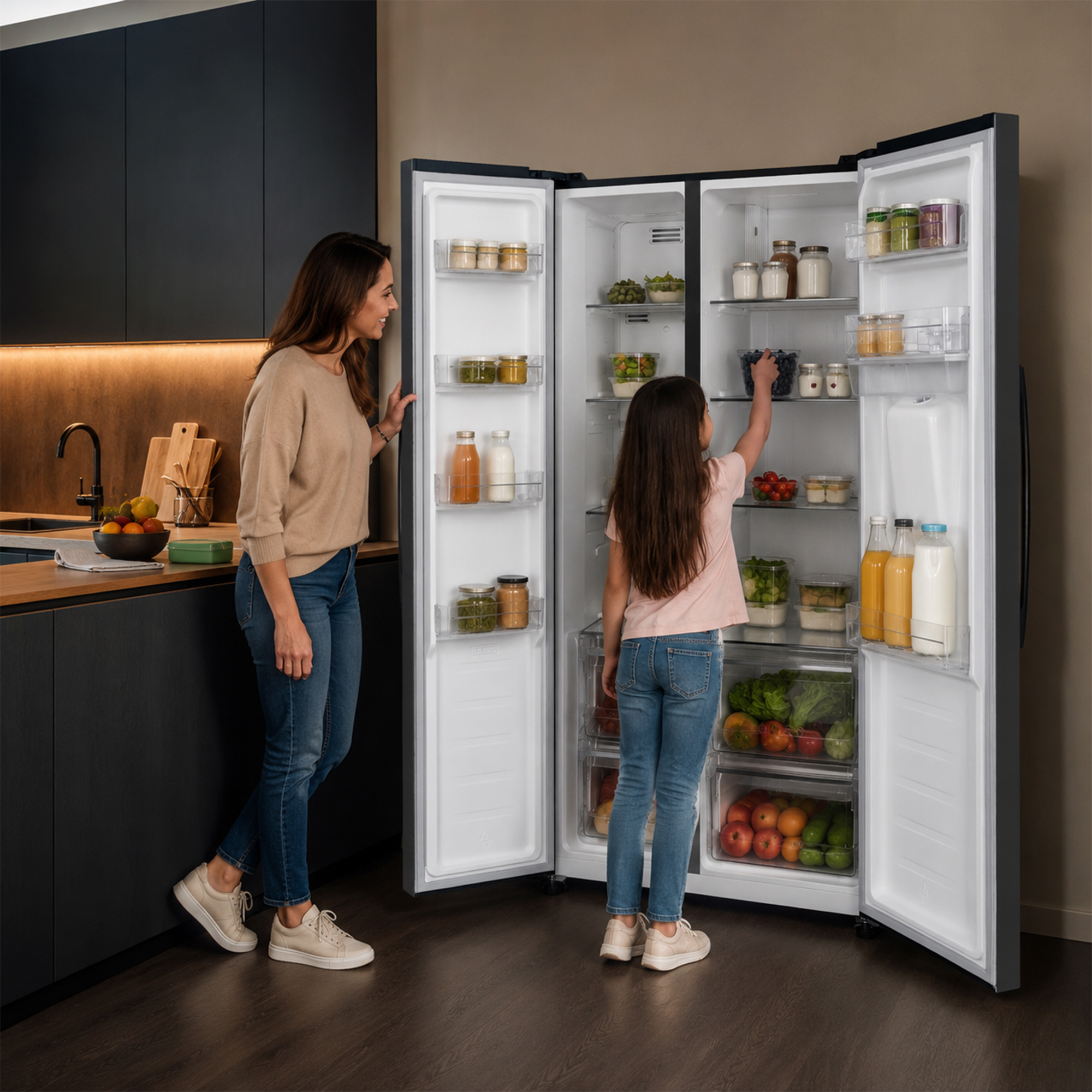 Mother and daughter by a refrigerator filled with food.