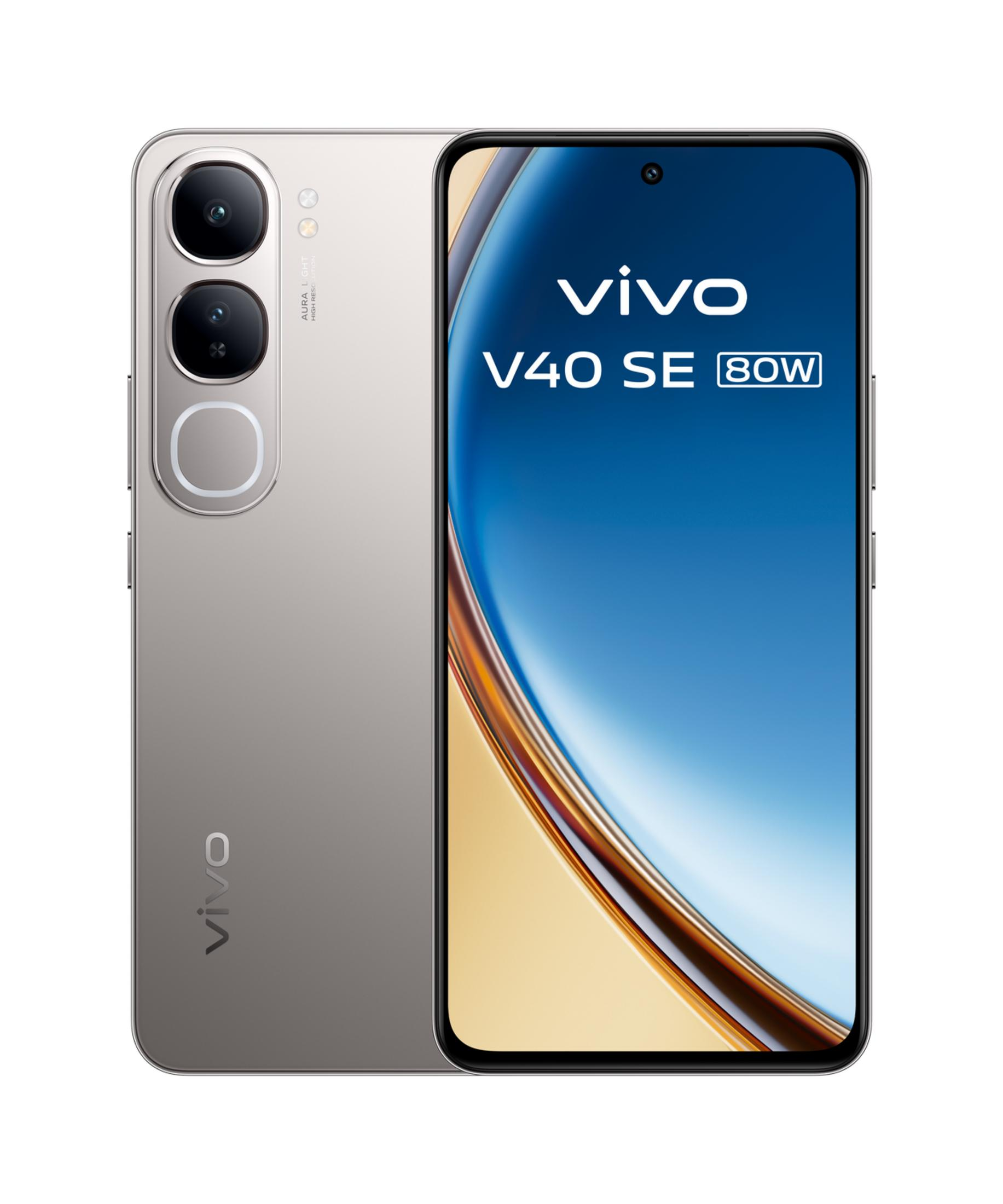 Uno smartphone Vivo V40 SE argentato con ricarica da 80W visualizzata.