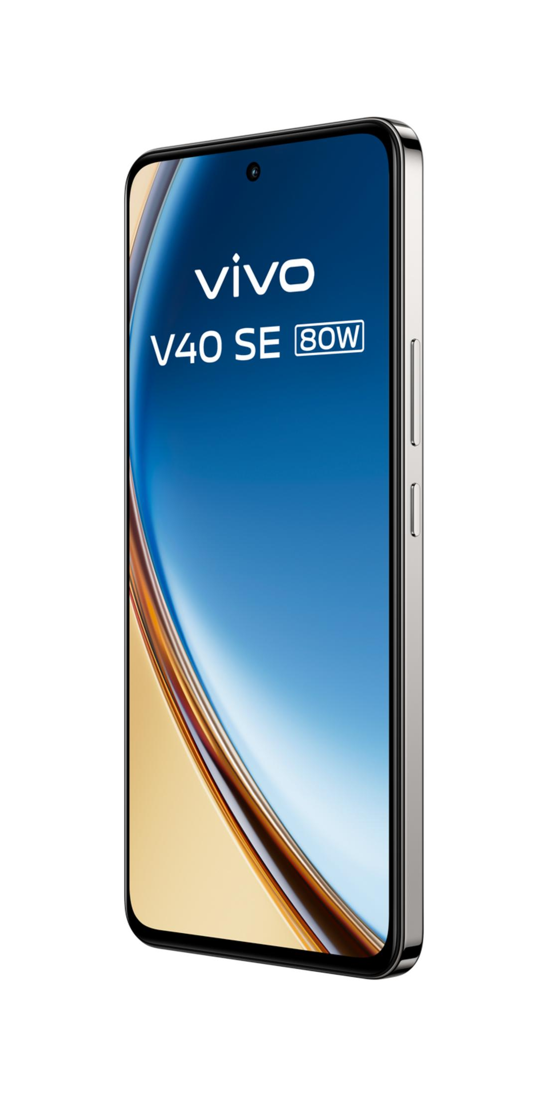 Smartphone Vivo V40 SE 80W su sfondo bianco con design del display blu e oro.