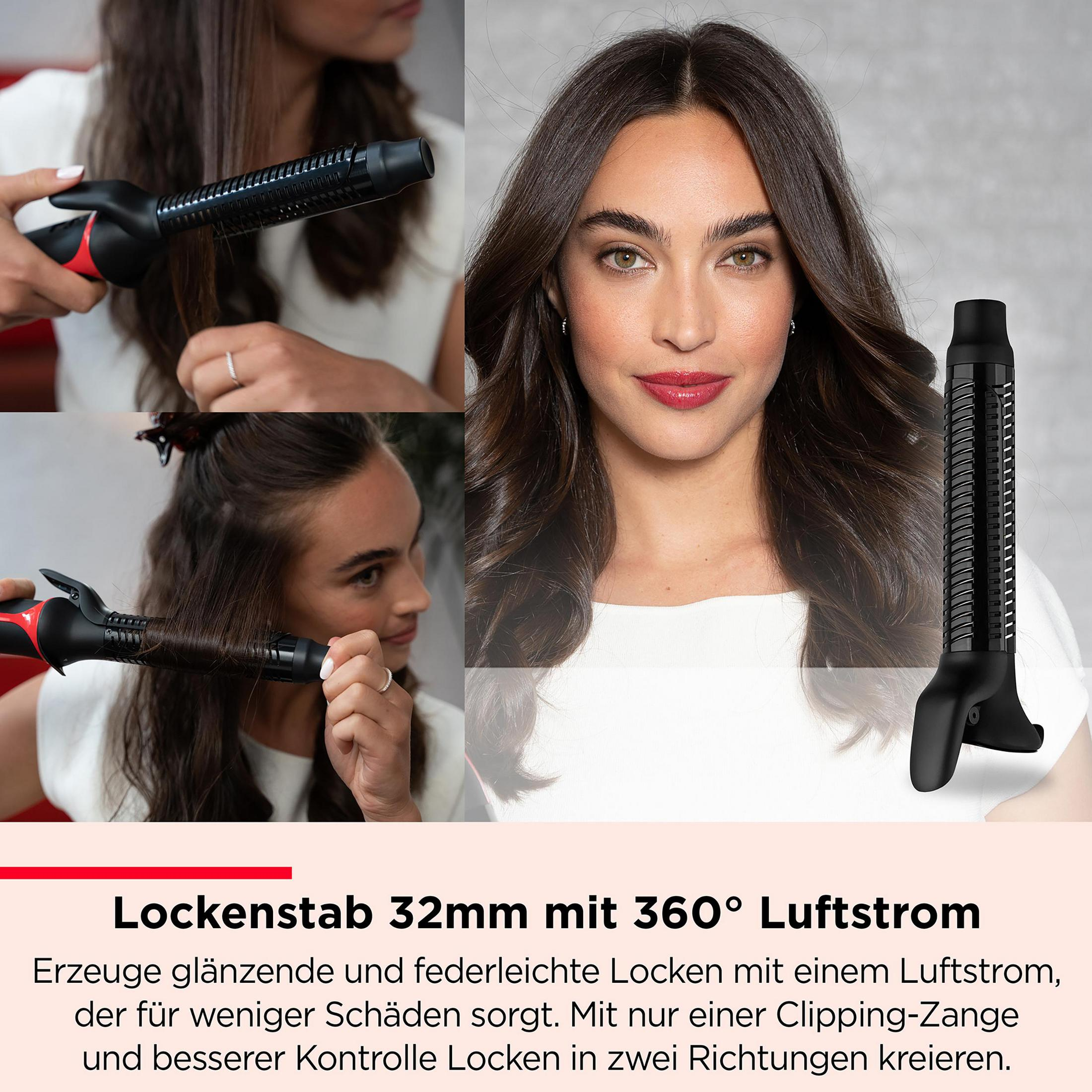 Kobieta stylizuje włosy lokówką 32 mm z przepływem powietrza 360°.