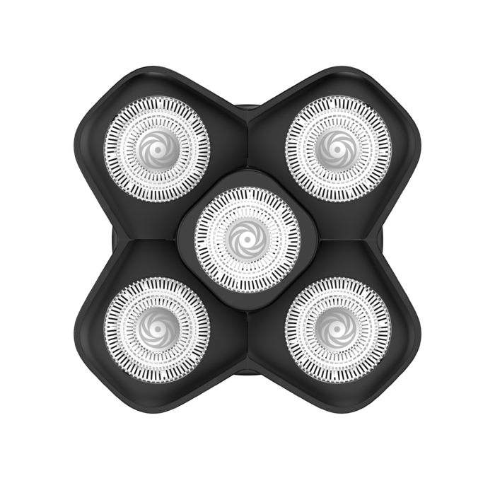Primer plano de un cabezal de afeitadora negro con cinco cuchillas plateadas giratorias.