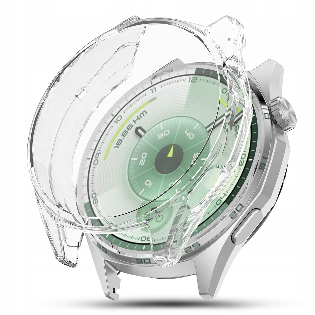 Srebrny smartwatch z przezroczystą osłoną ochronną i zieloną tarczą.