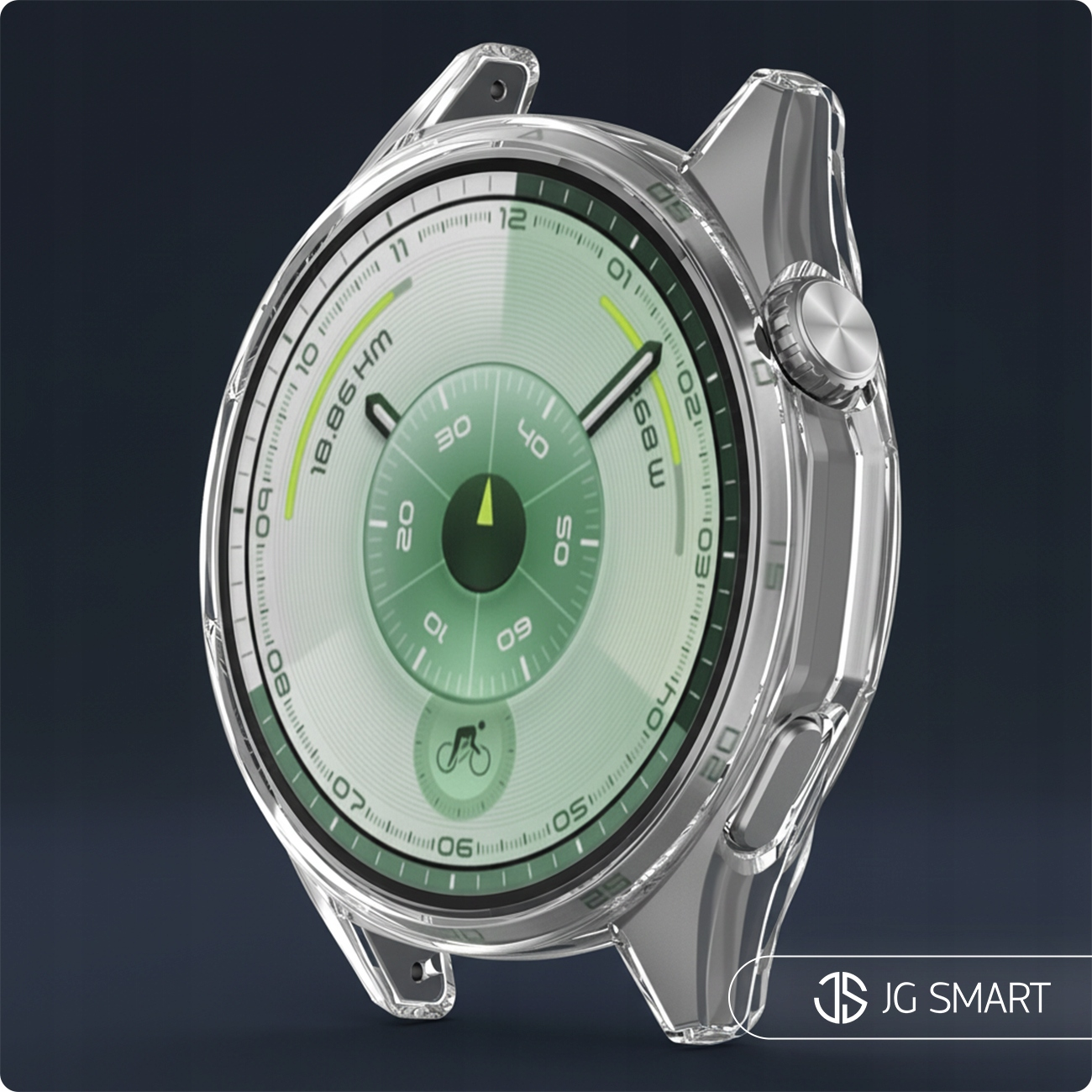 Przezroczyste etui ochronne na smartwatch z zieloną tarczą.