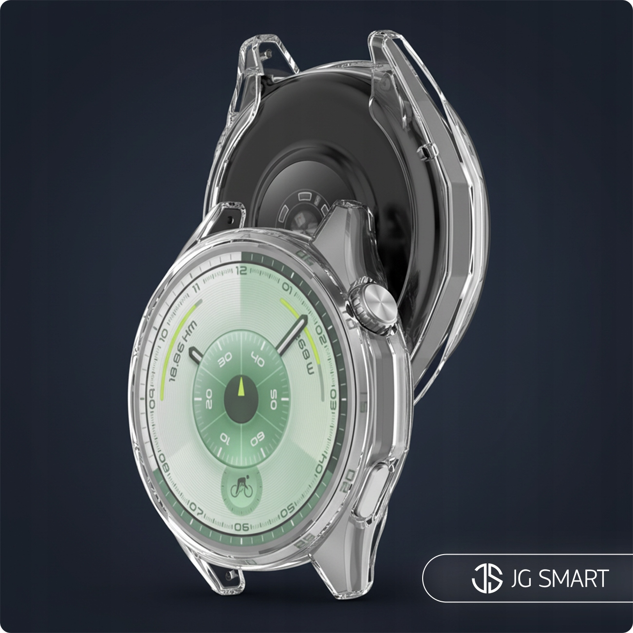 Przezroczysta obudowa zegarka zakrywa smartwatch z zielonym cyfrowym wyświetlaczem i srebrnymi akcentami.
