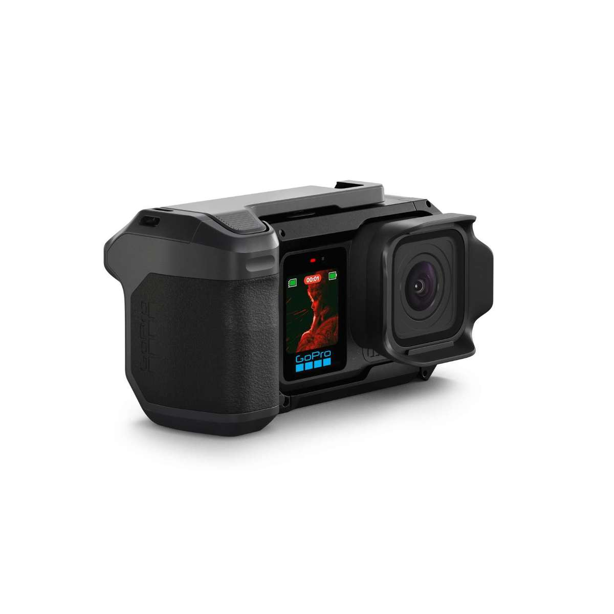 Una cámara GoPro negra con un video en su pantalla.