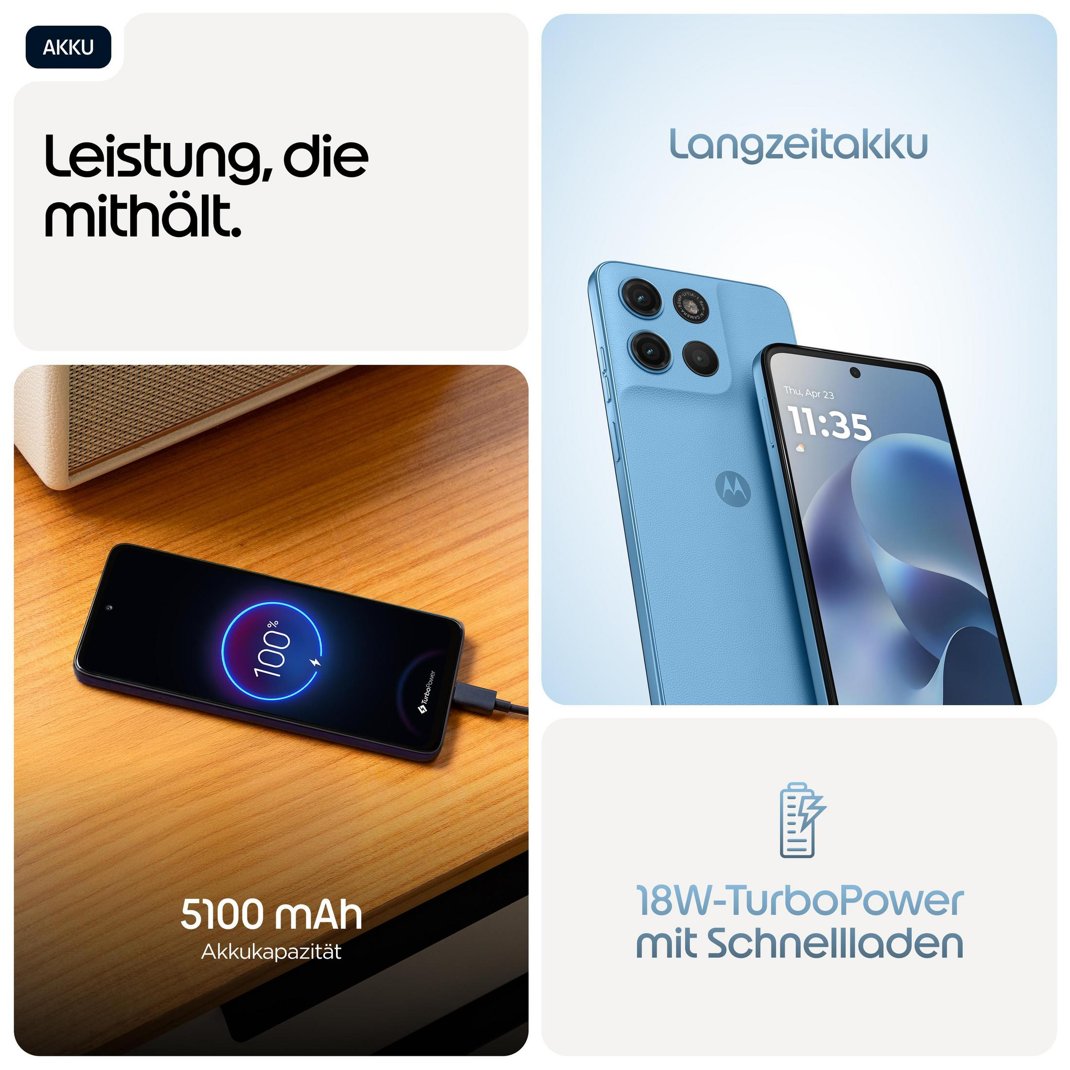 Uno smartphone blu con batteria da 5100 mAh e ricarica rapida TurboPower da 18W.