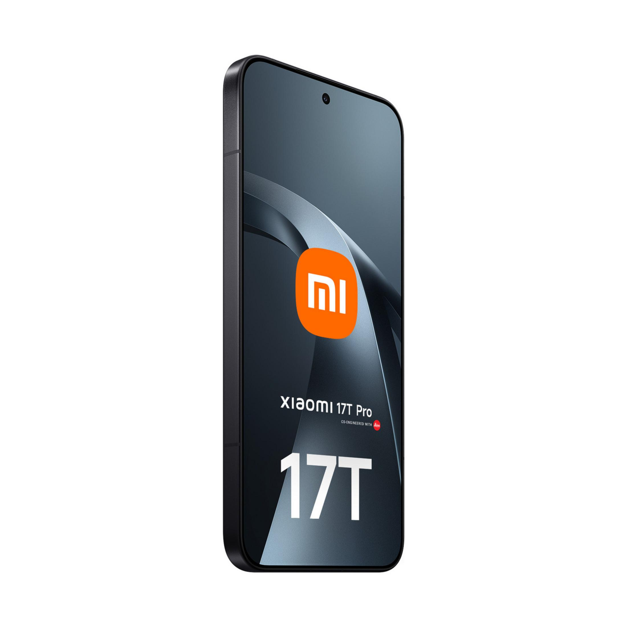 Un smartphone Xiaomi 17T Pro noir avec logo et texte orange.