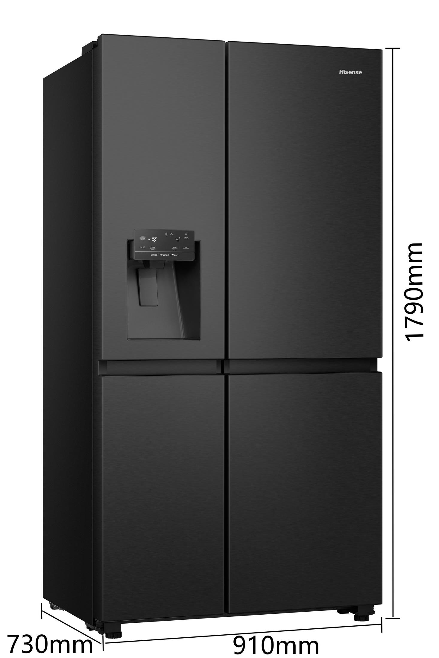 Schwarzer Hisense Kühlschrank mit vier Türen, Wasserspender und Display.