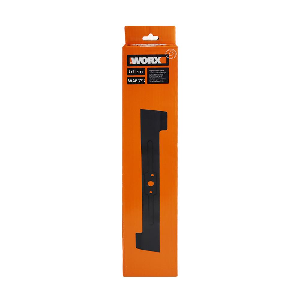 WORX etiketli turuncu kutu, 51 cm'lik yedek bıçağı gösteriyor.