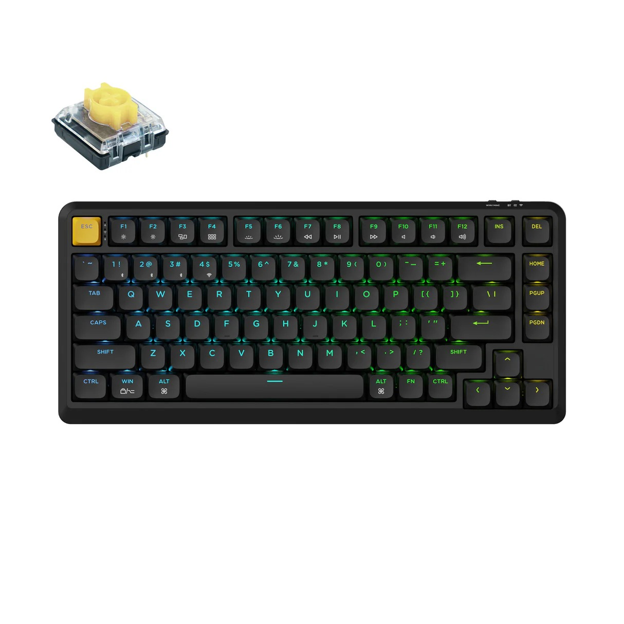 Czarna klawiatura mechaniczna z żółtym przełącznikiem nad nią. Widoczne oświetlenie RGB.