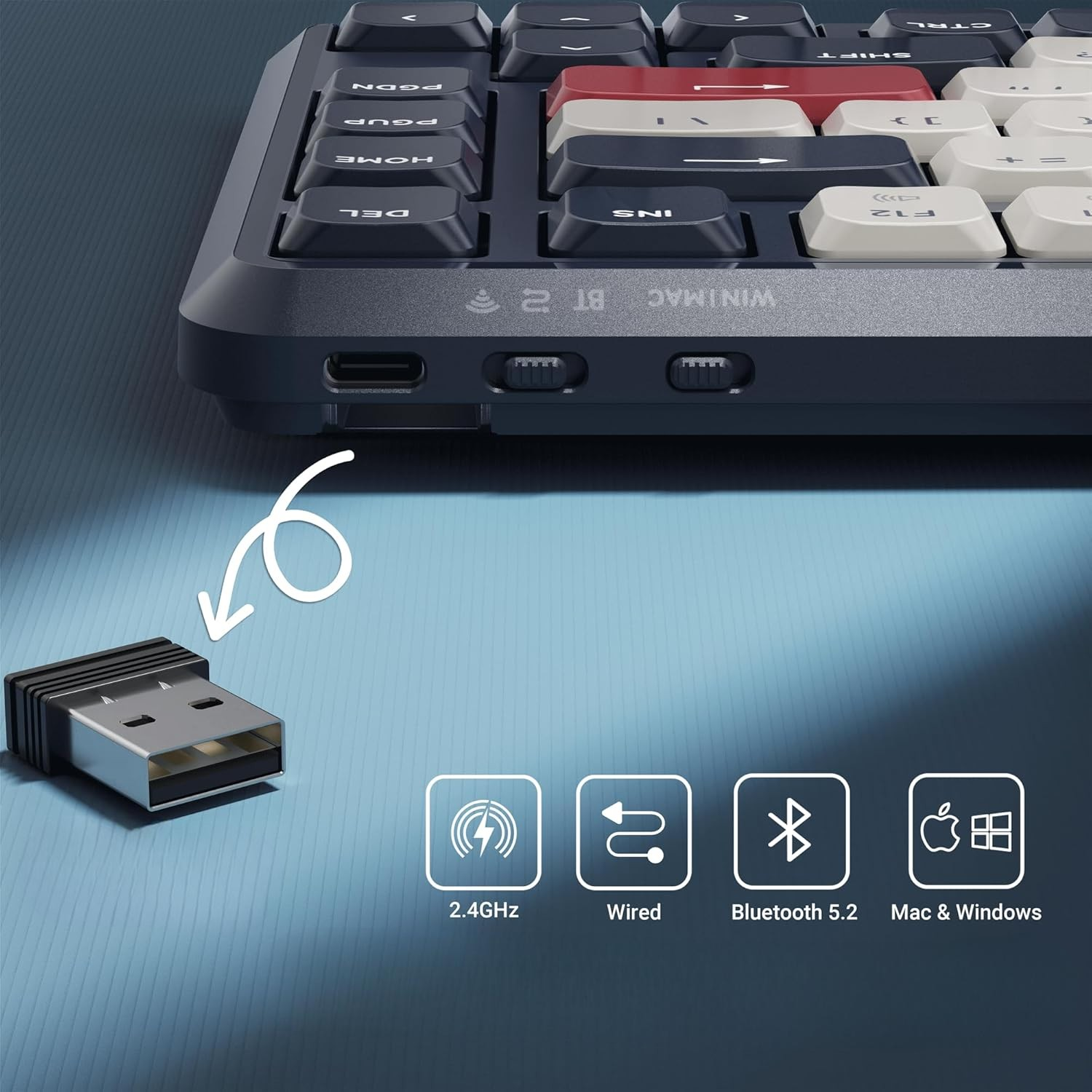 Klucz USB obok klawiatury z ikonami 2,4 GHz, przewodowej, Bluetooth 5.2, Mac i Windows.