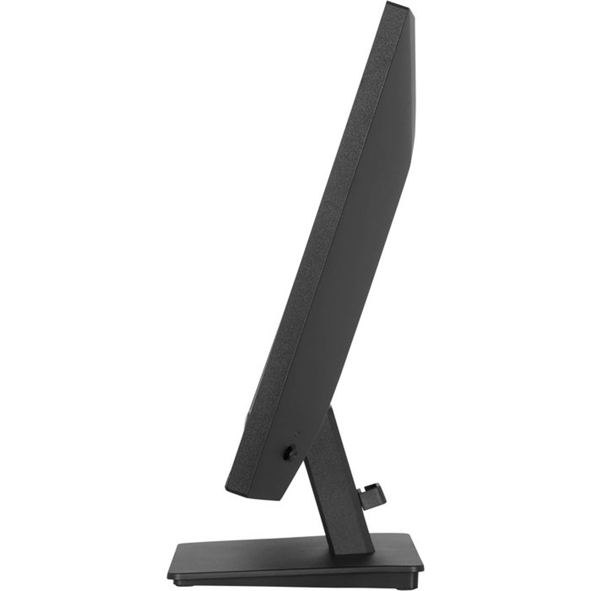 Seitenansicht eines schwarzen Monitors auf einem Ständer vor weißem Hintergrund.