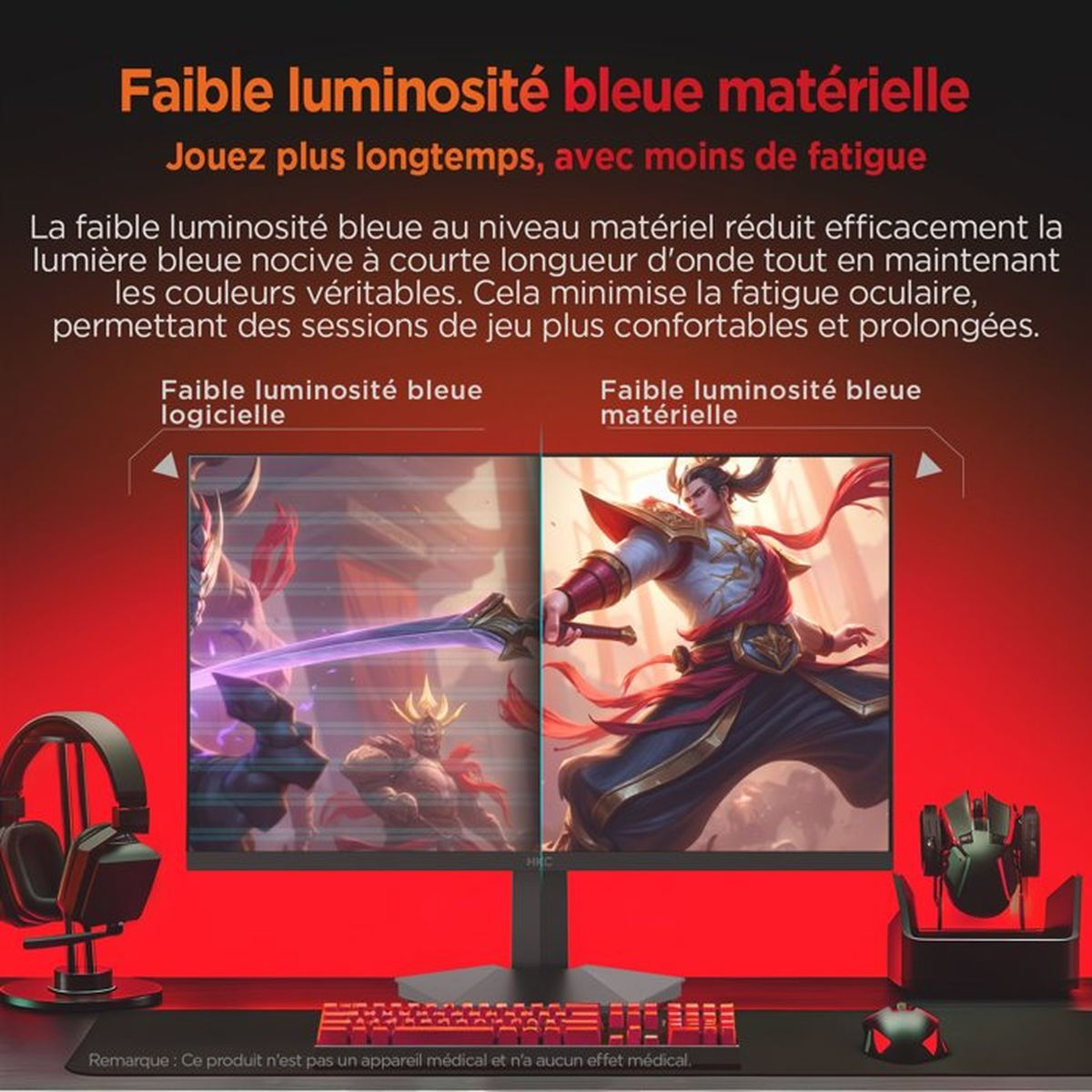 Monitor mostra due giochi, sinistra software, destra riduzione luce blu. Cuffie, tastiera, mouse.