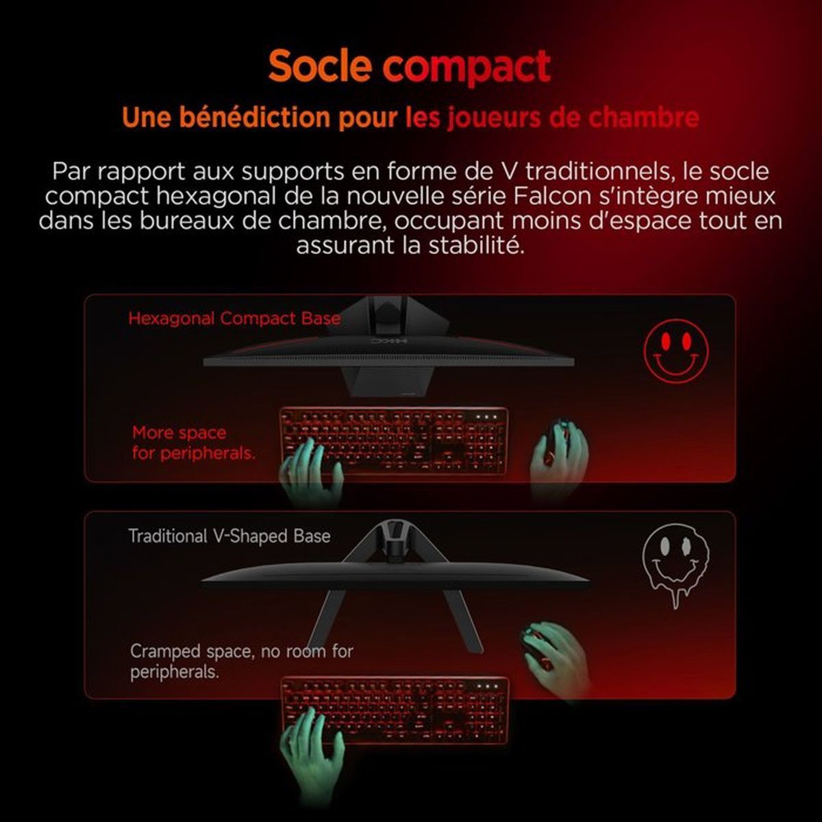 Base esagonale compatta vs base a V con tastiere e mouse.