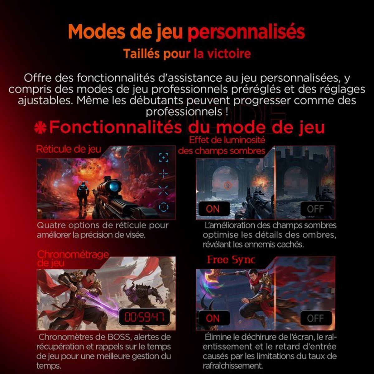 Funzioni modalità di gioco: reticolo, luce ombre, timer, Free Sync.