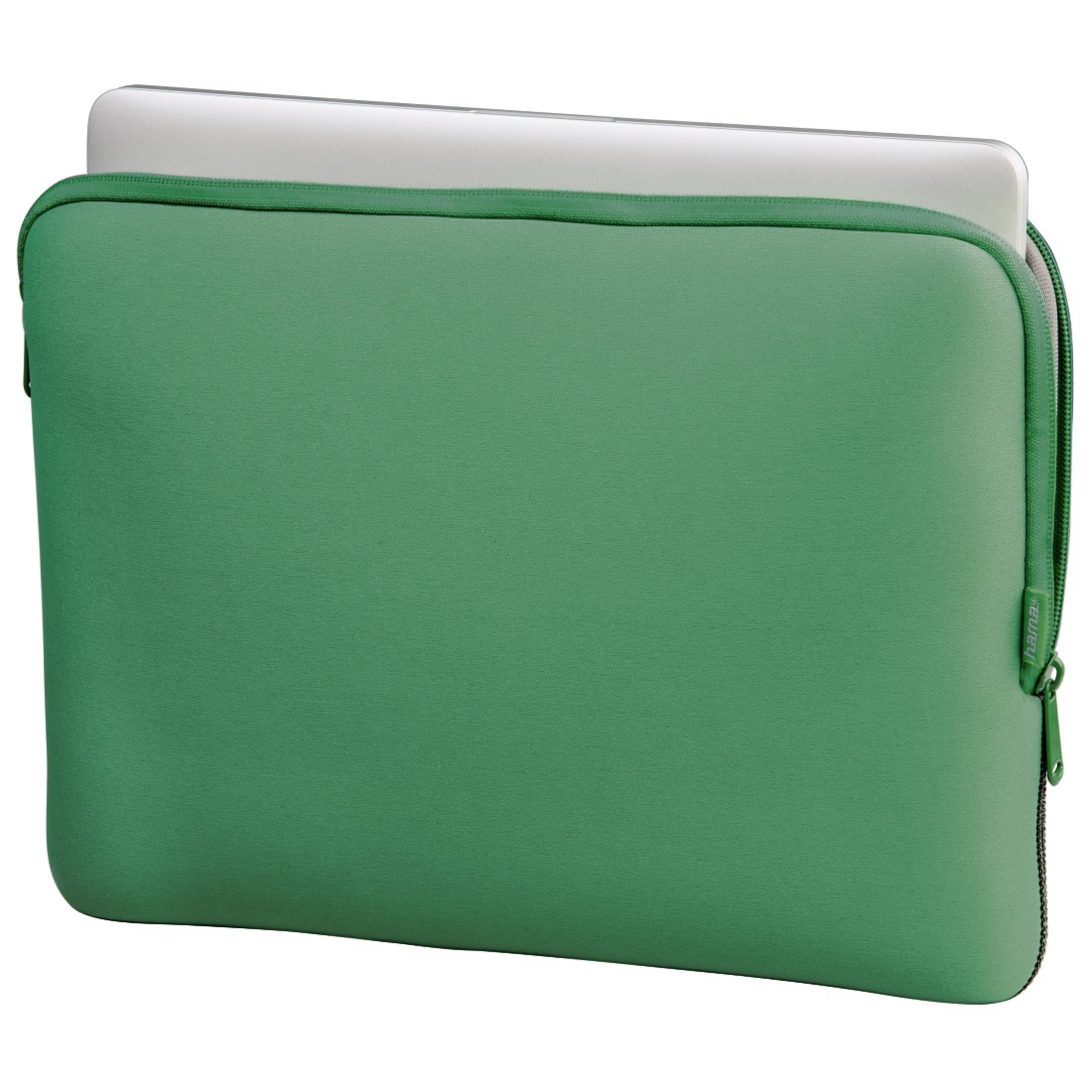 Custodia verde per laptop con laptop argentato. Logo Hama sulla cerniera.