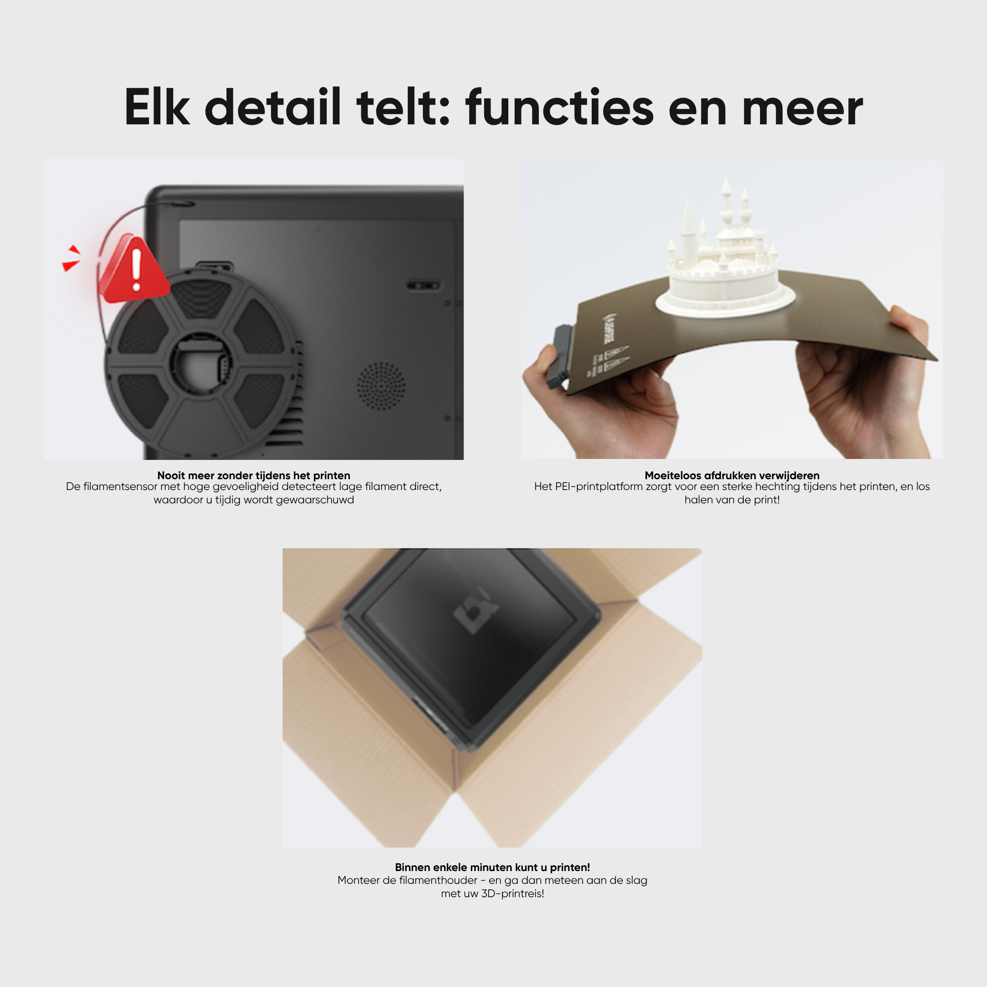 3D-printerfuncties: filament sensor waarschuwing, makkelijke print verwijdering, snelle setup.