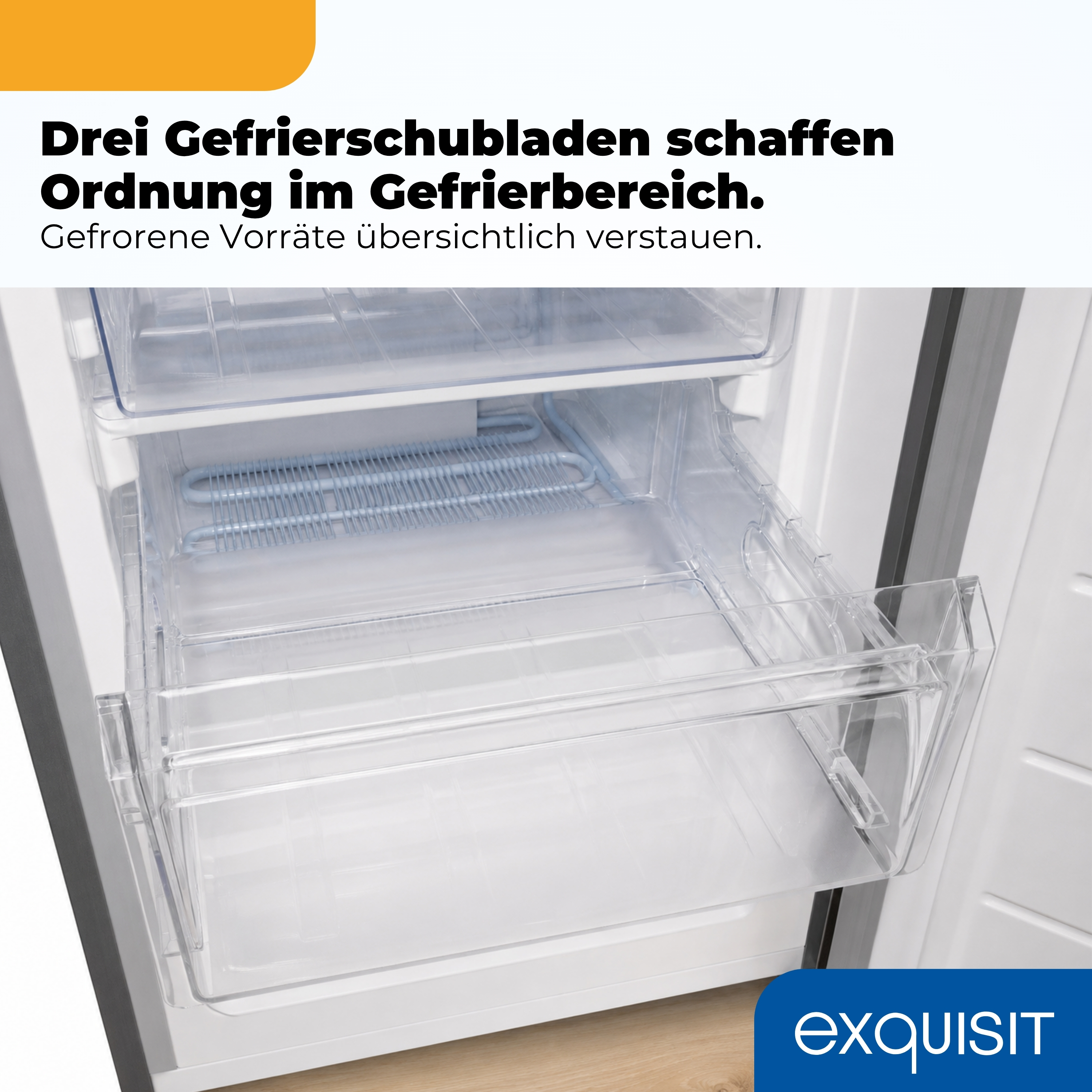 Innenansicht eines Gefrierschranks mit drei transparenten Schubladen und Kühlschlangen.