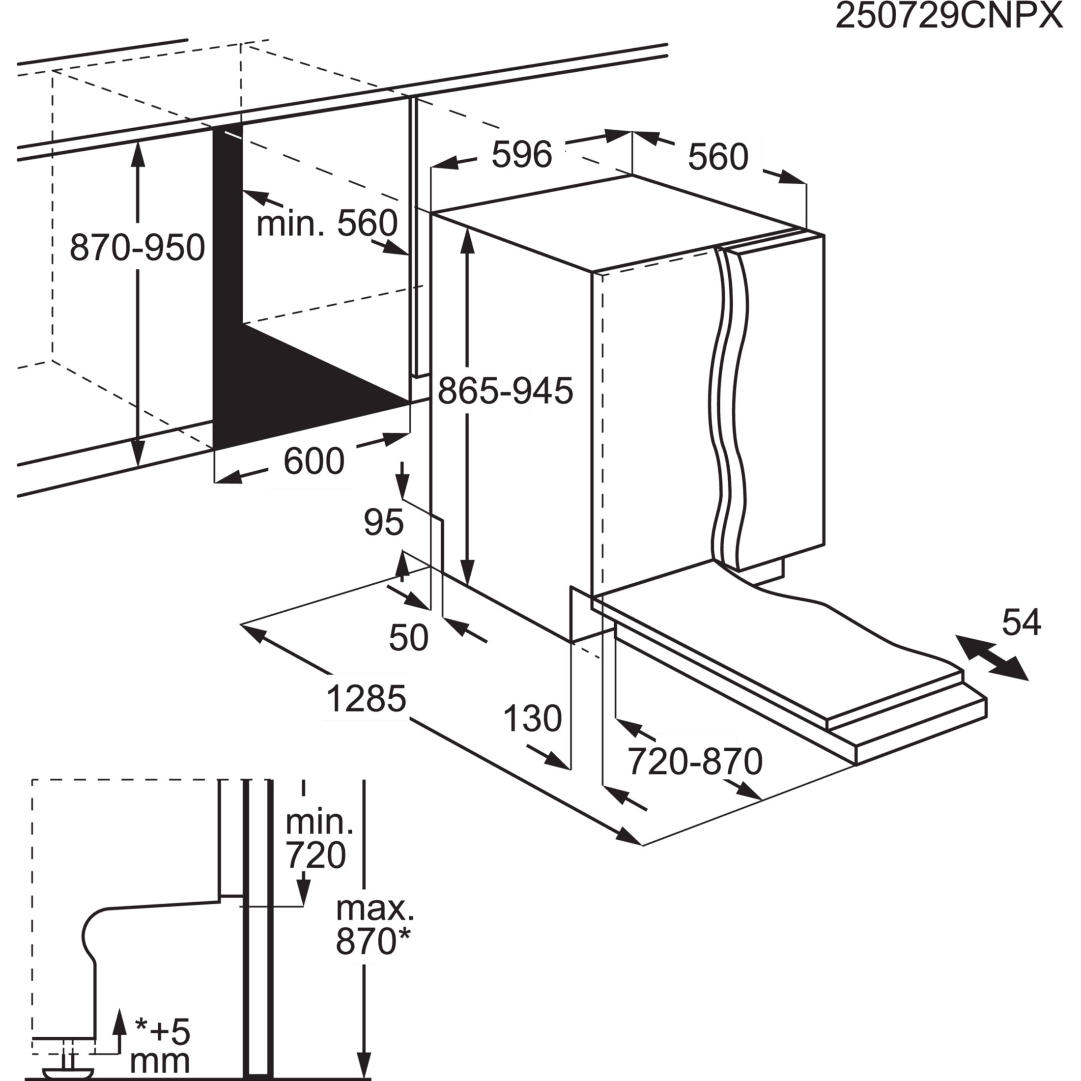 Diagramm zeigt Geräteabmessungen: Höhe 870-950mm, Breite 600mm, Tiefe 560mm.