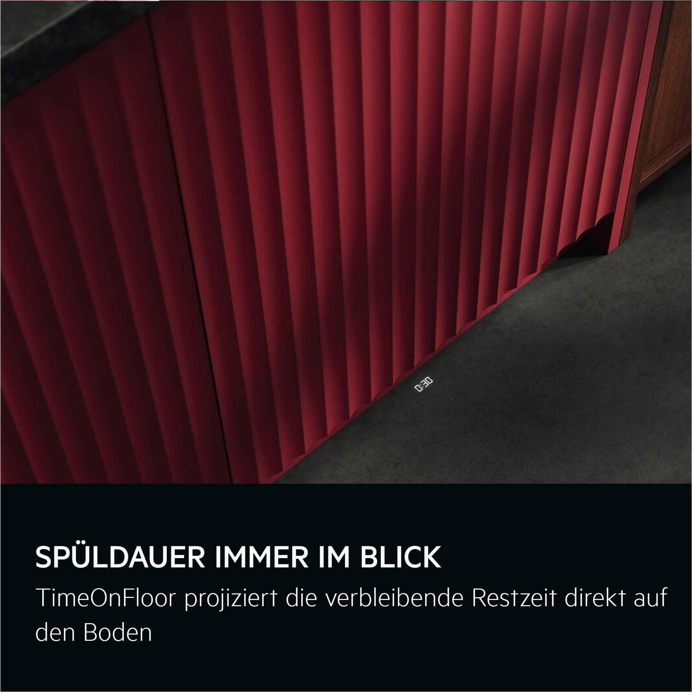 Rote Küchenfront mit vertikalen Rillen, zeigt 0:30 auf dem Boden.