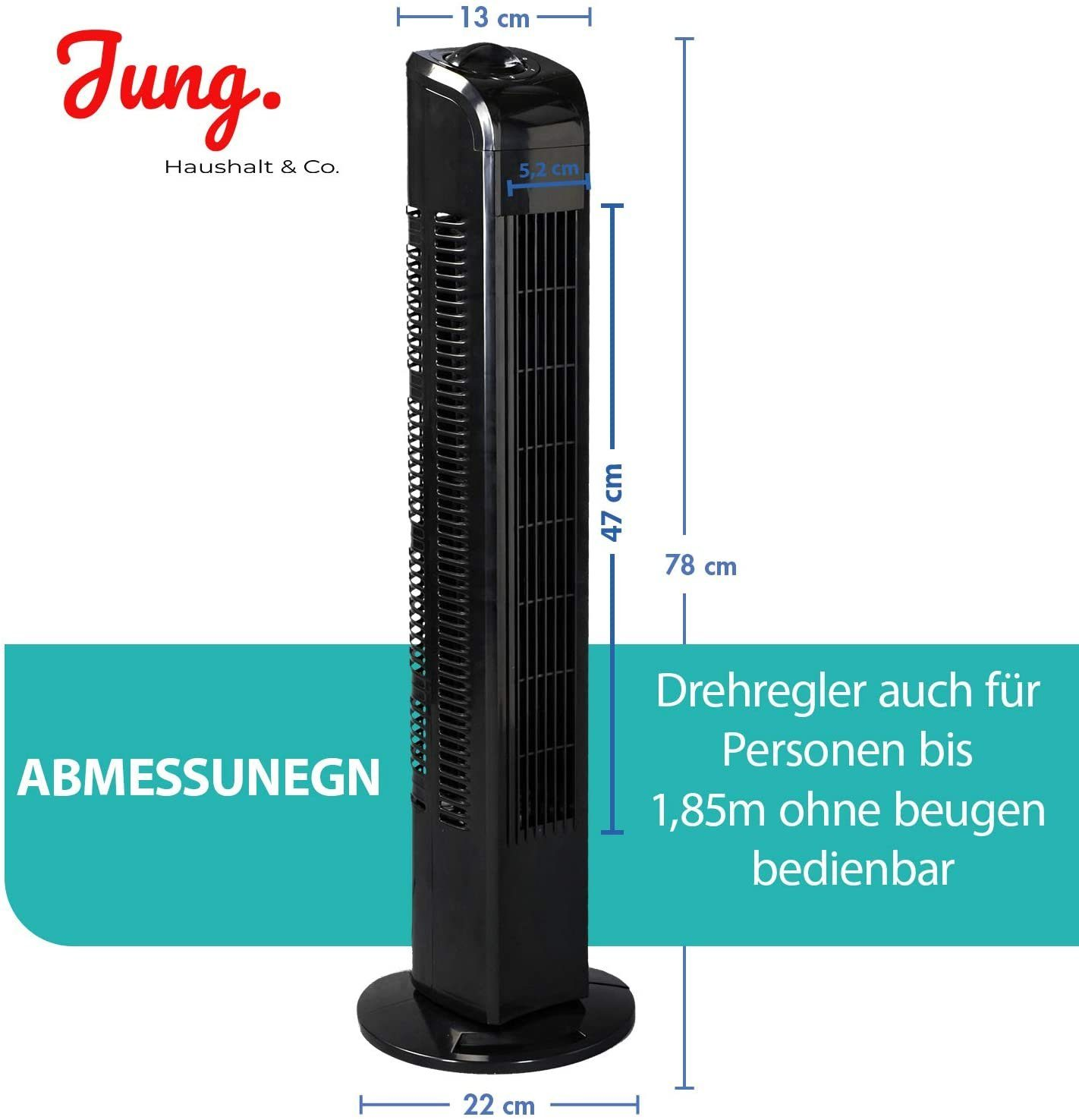 Schwarzer Turmventilator mit Maßangaben und Textinformationen.