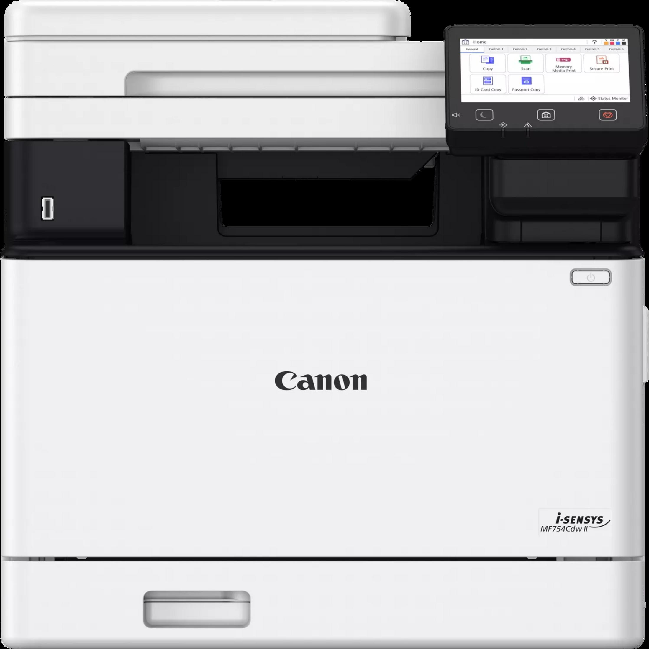 Ein weißer Canon i-SENSYS MF754Cdw II Multifunktionsdrucker mit Touchscreen.