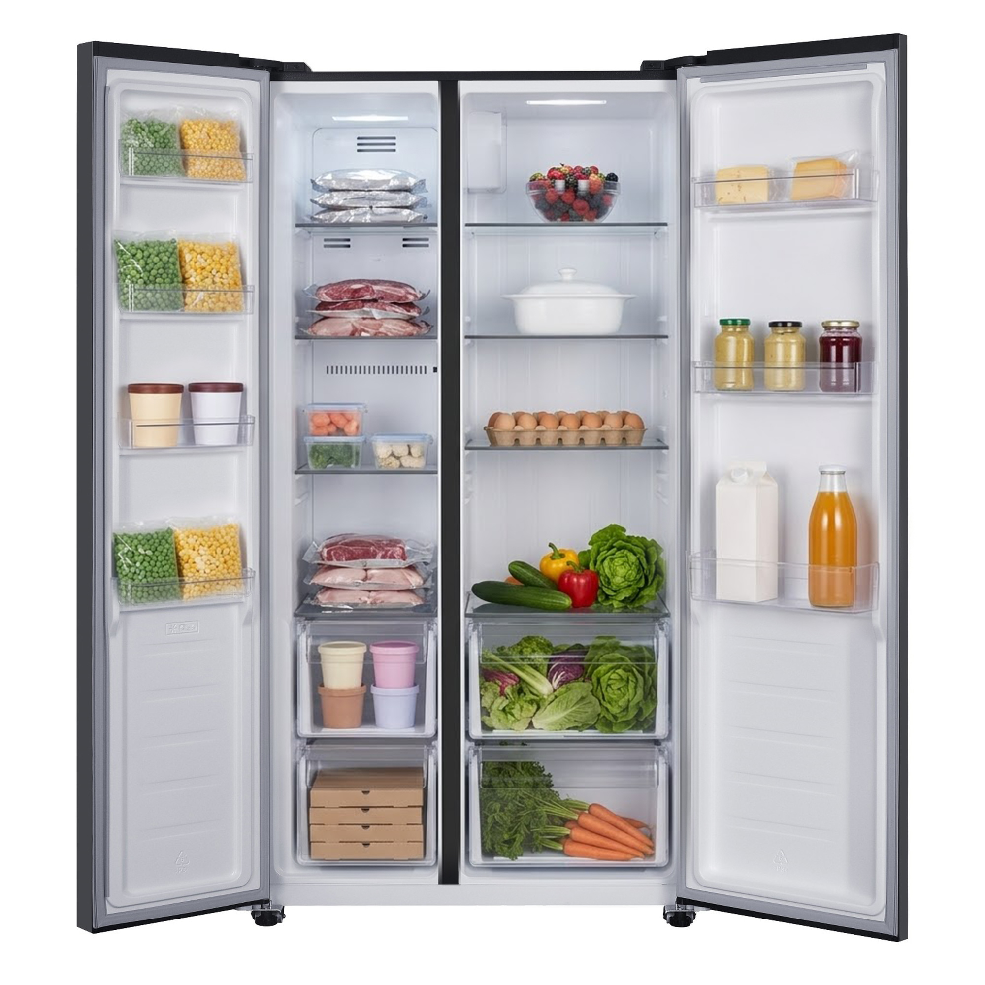 Ein offener Kühlschrank mit gefrorenem Gemüse, Fleisch, Eiern, Obst, Gemüse und Getränken.