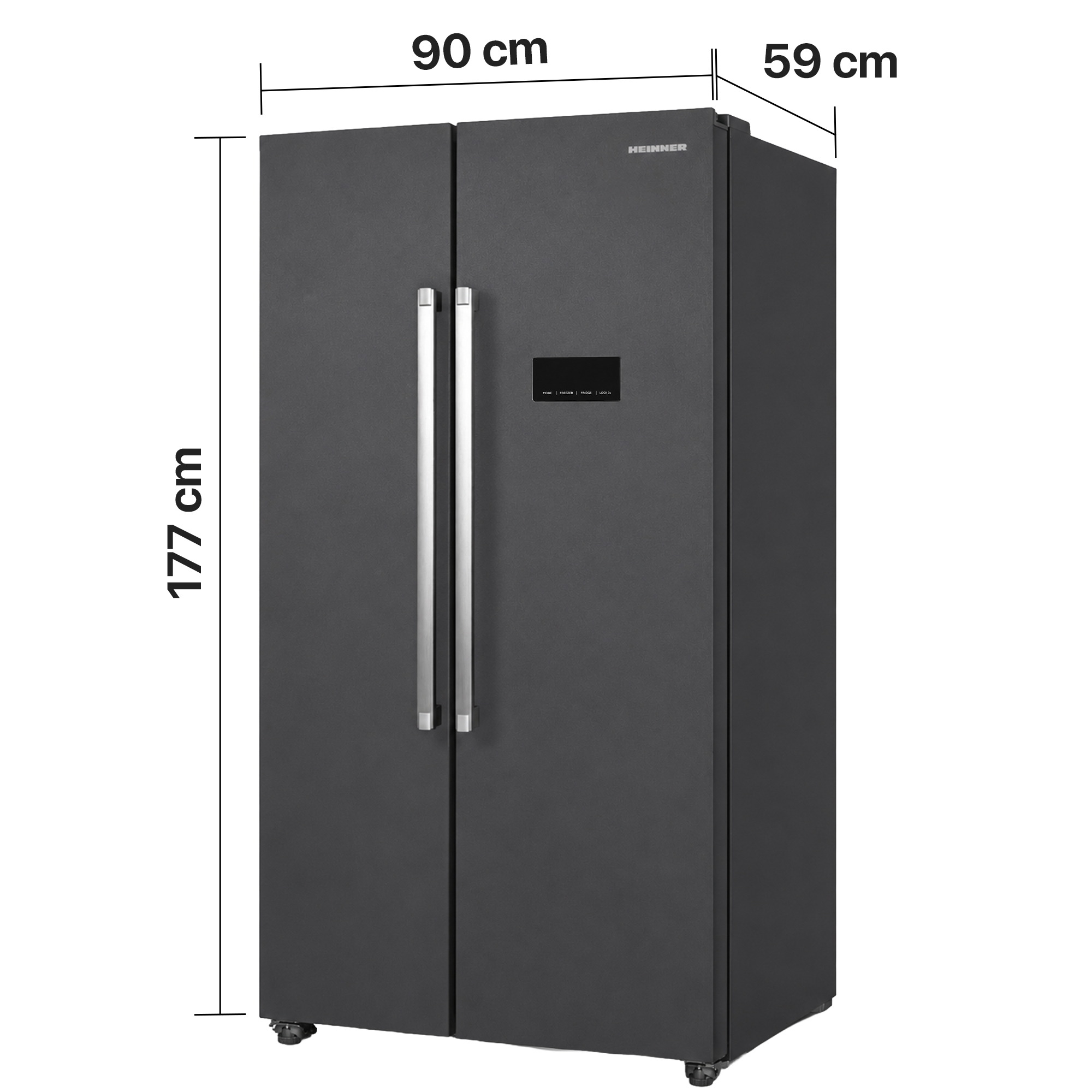 Ein dunkler Kühlschrank mit zwei Türen, 177x90x59cm. Mit silbernen Griffen und Display.