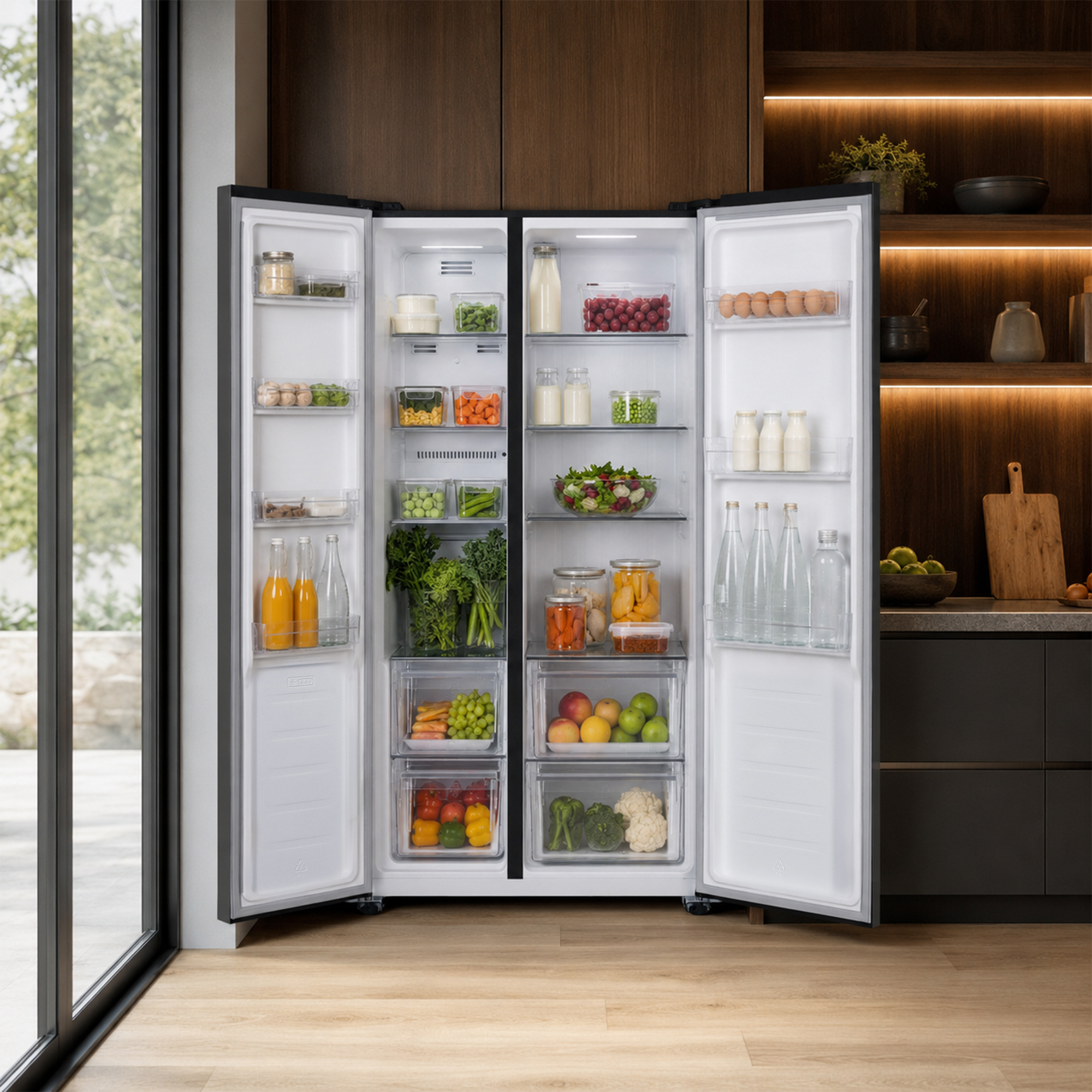 Offener Kühlschrank mit Lebensmitteln: Obst, Gemüse, Eier, Milch, Getränke.