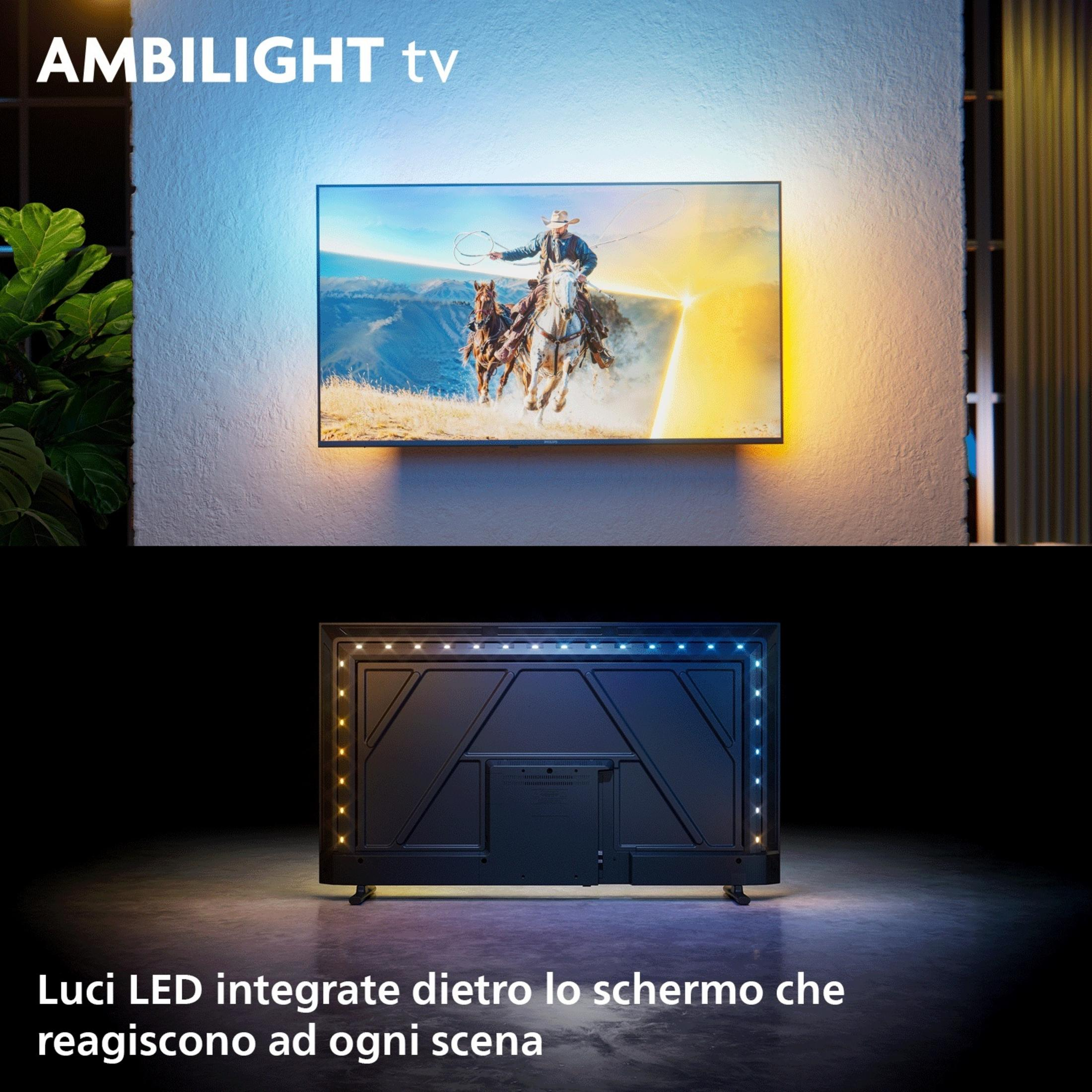 Un televisor con tecnología Ambilight muestra vaqueros a caballo. Luces LED en la parte trasera.