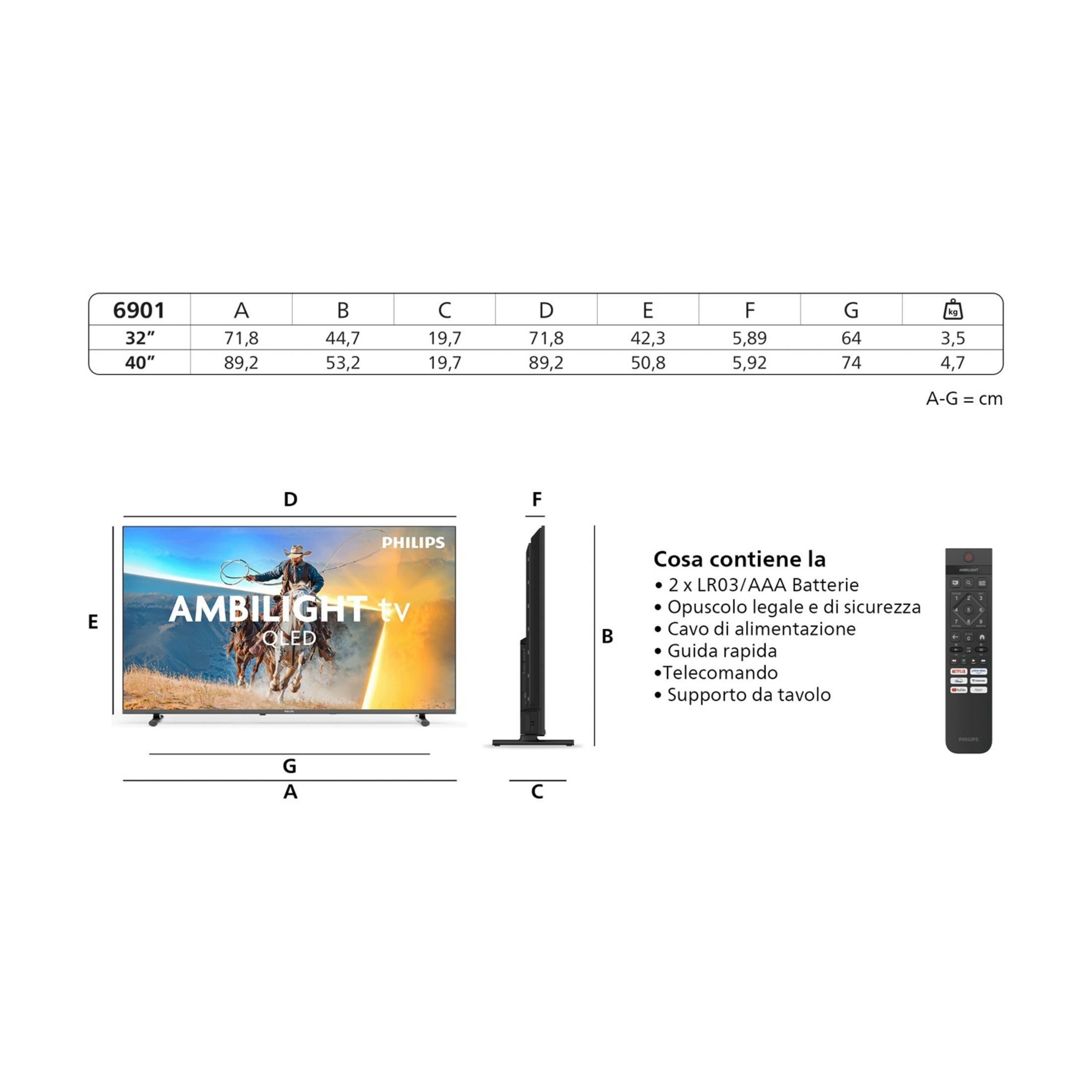 Tabla de dimensiones y pesos de TV, vista lateral, frontal y mando a distancia.
